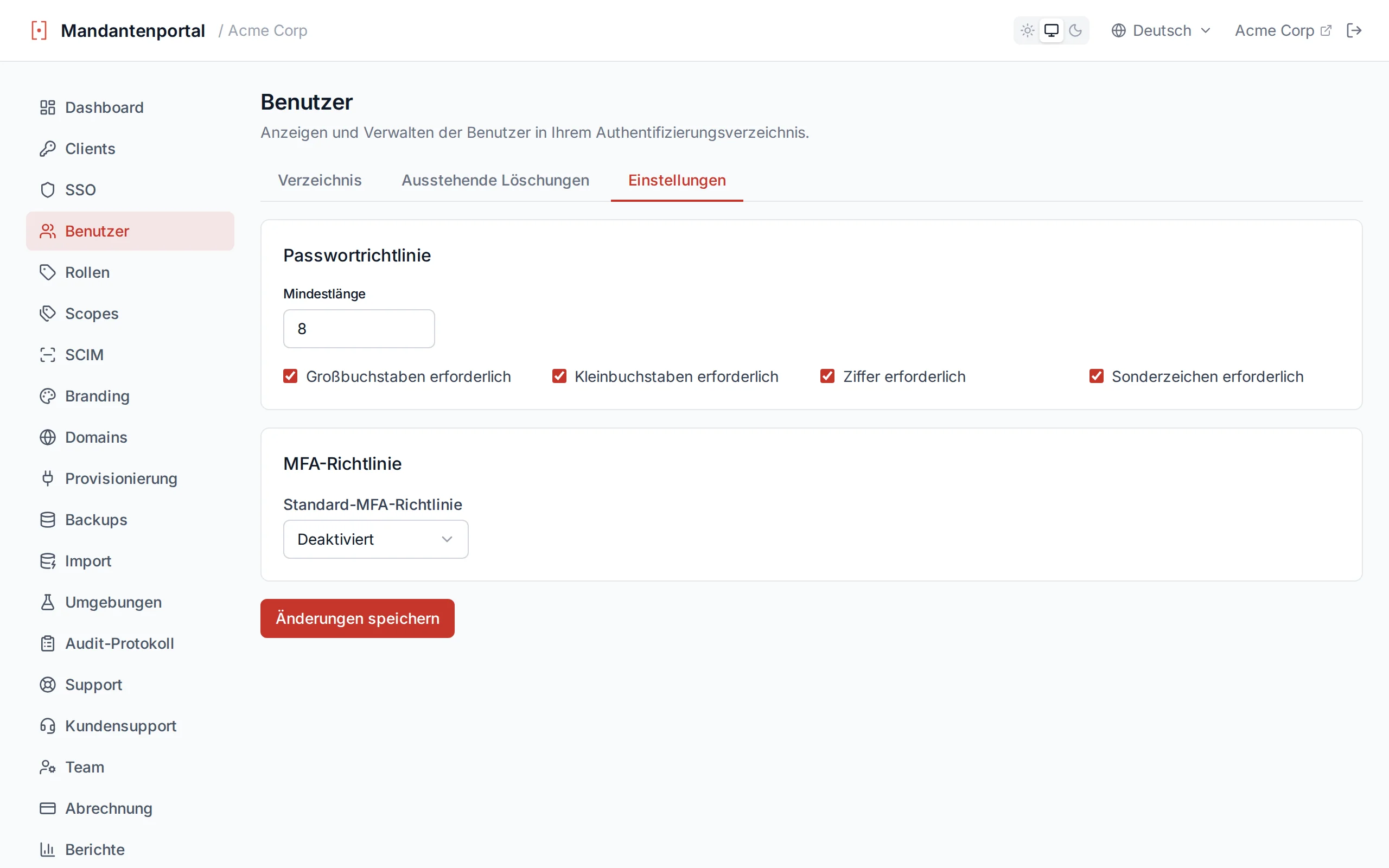 Password policy settings showing minimum length slider and toggle switches for character requirements