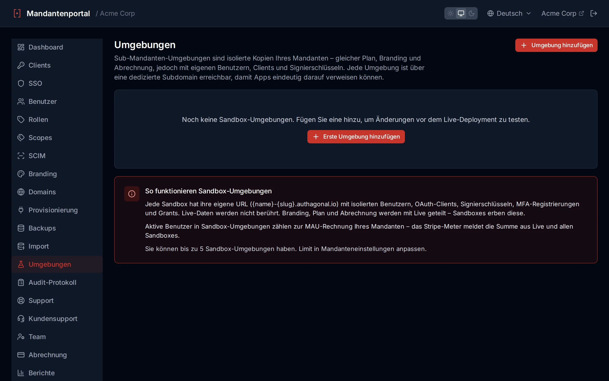 Sandbox settings showing enable/disable toggle, refresh from live button, and sandbox URL display