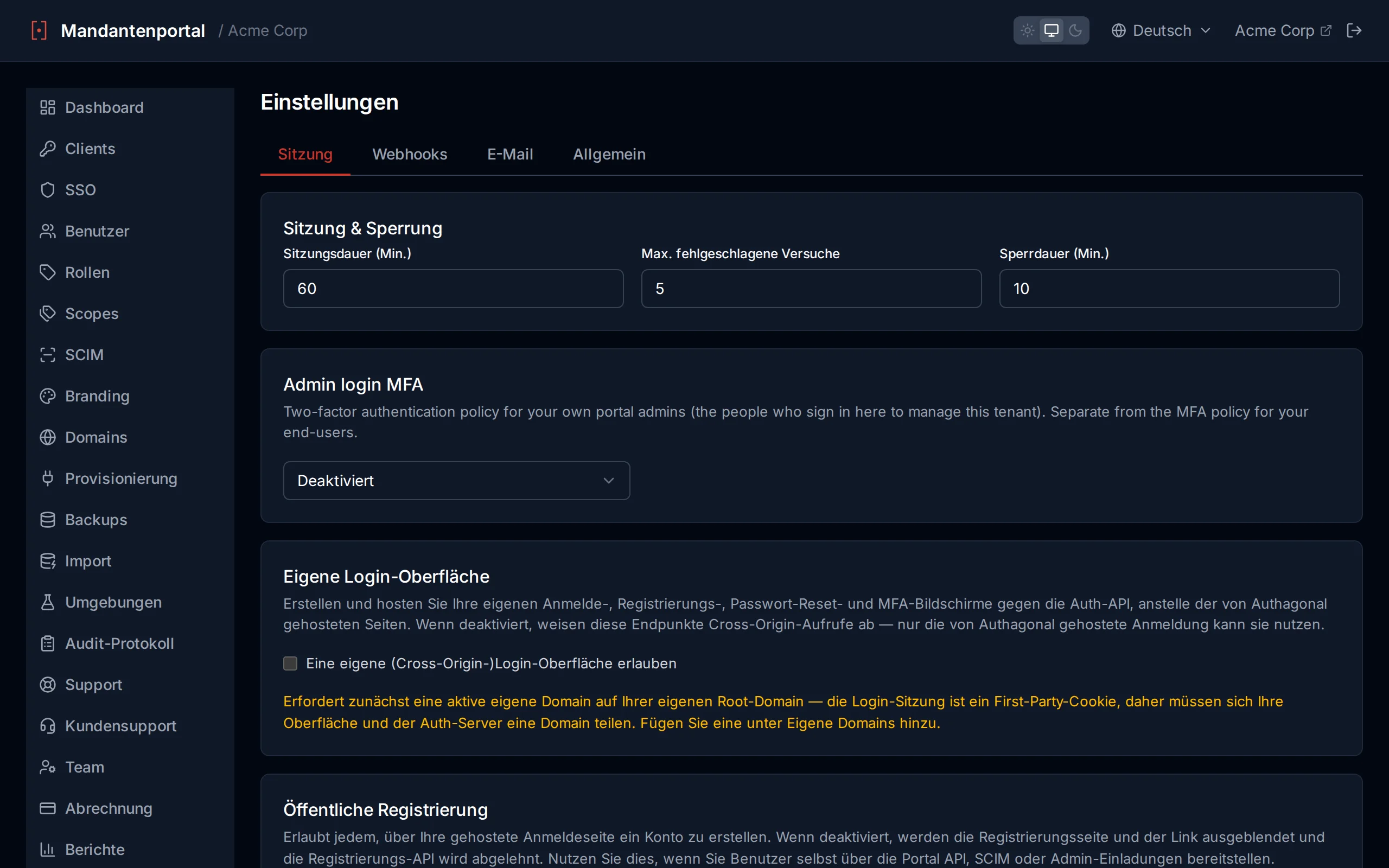 Session and lockout settings with numeric inputs for session lifetime, max failed attempts, and lockout duration
