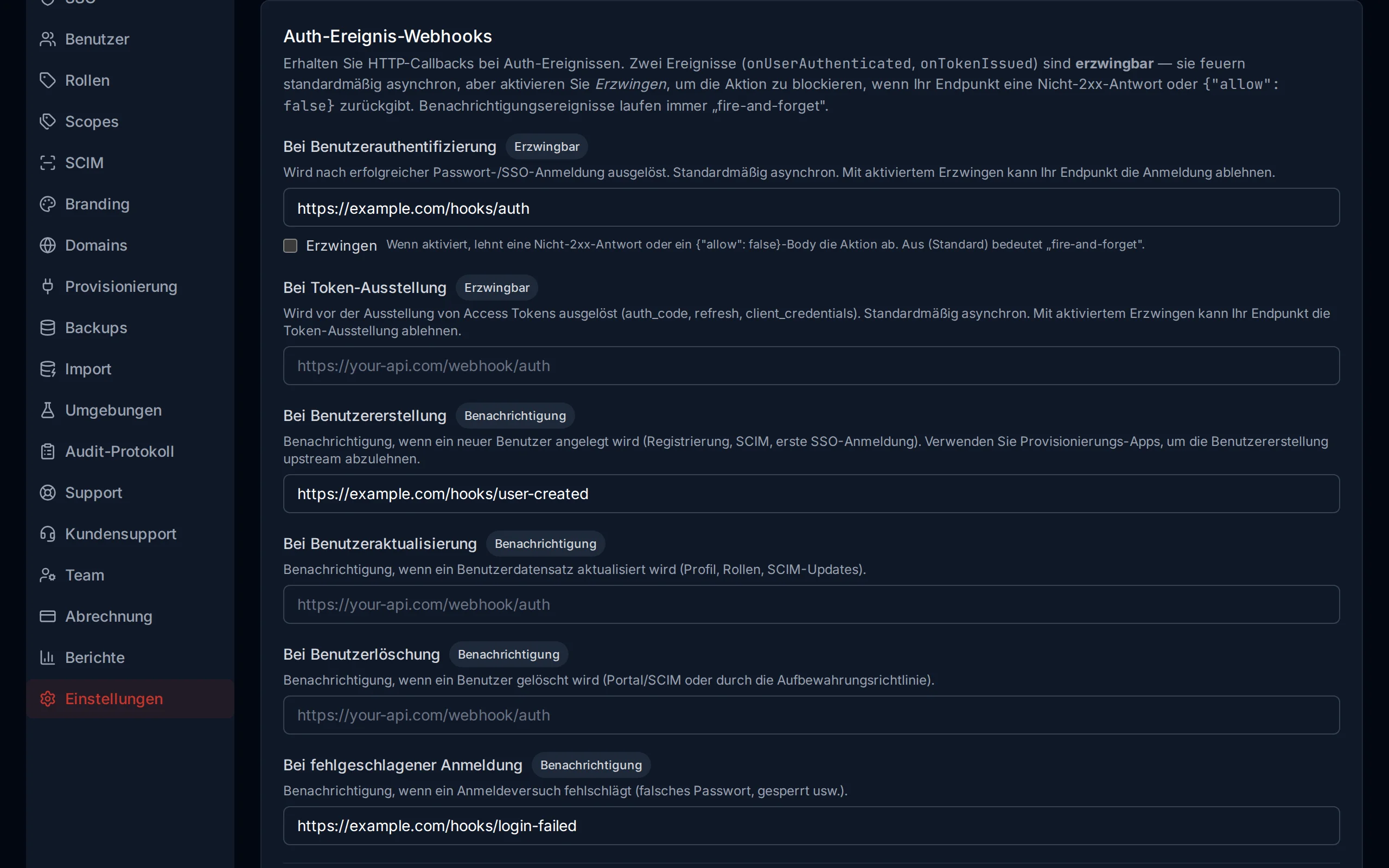 Webhook configuration section showing URL inputs for each event type, timeout slider, and fail-open toggle