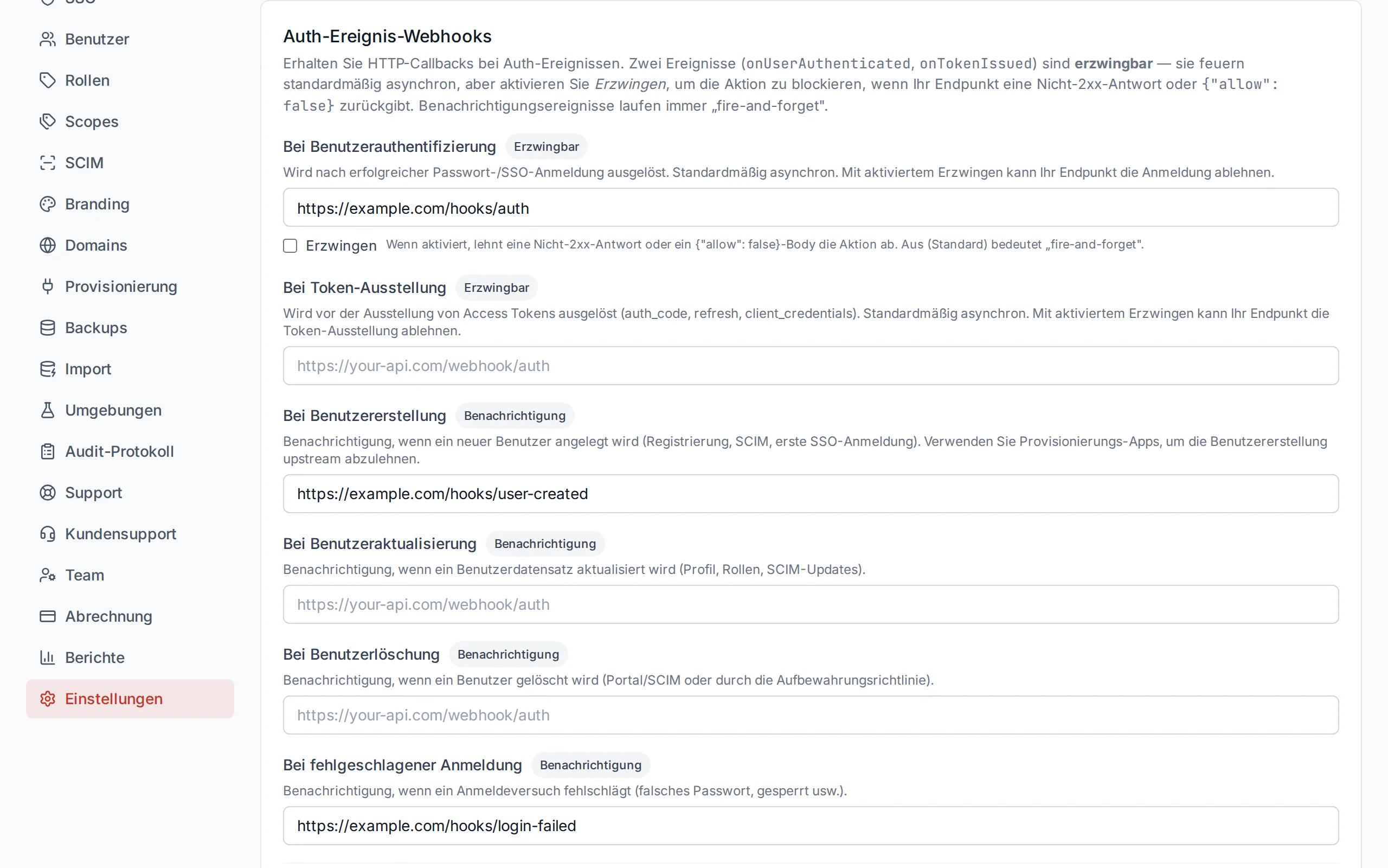 Webhook configuration section showing URL inputs for each event type, timeout slider, and fail-open toggle