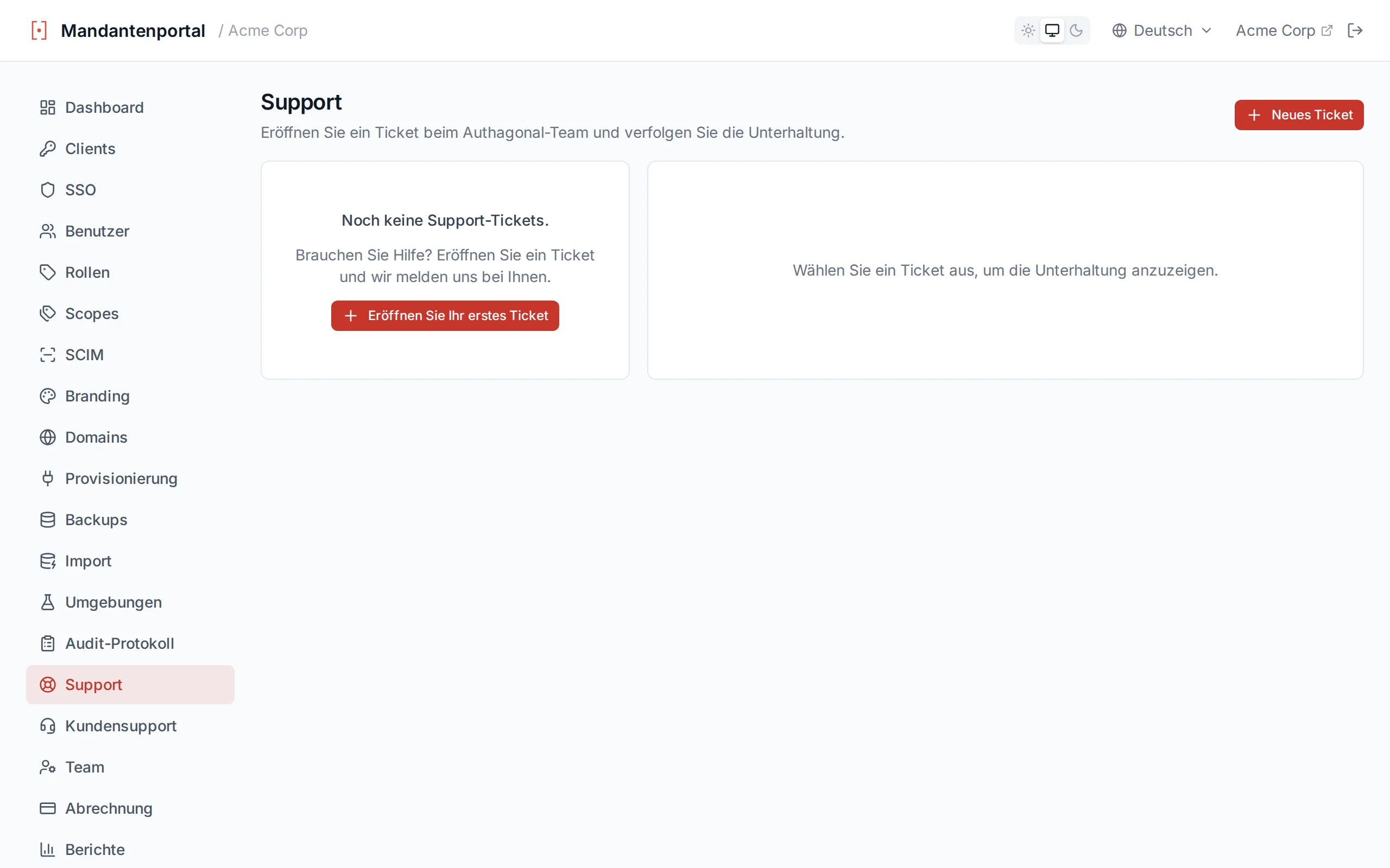 Support ticket thread showing the conversation between the customer and the Authagonal team with a reply box and file attachment control