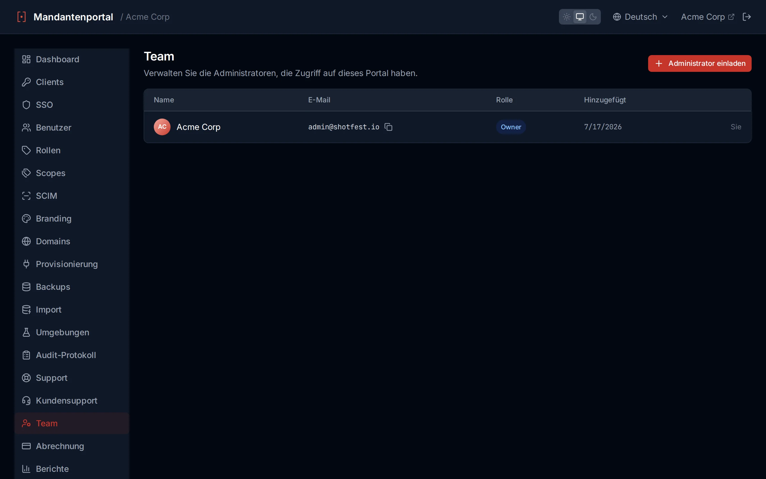 Team page showing the admin list with name, email, date added columns, a You indicator, and invite/remove controls