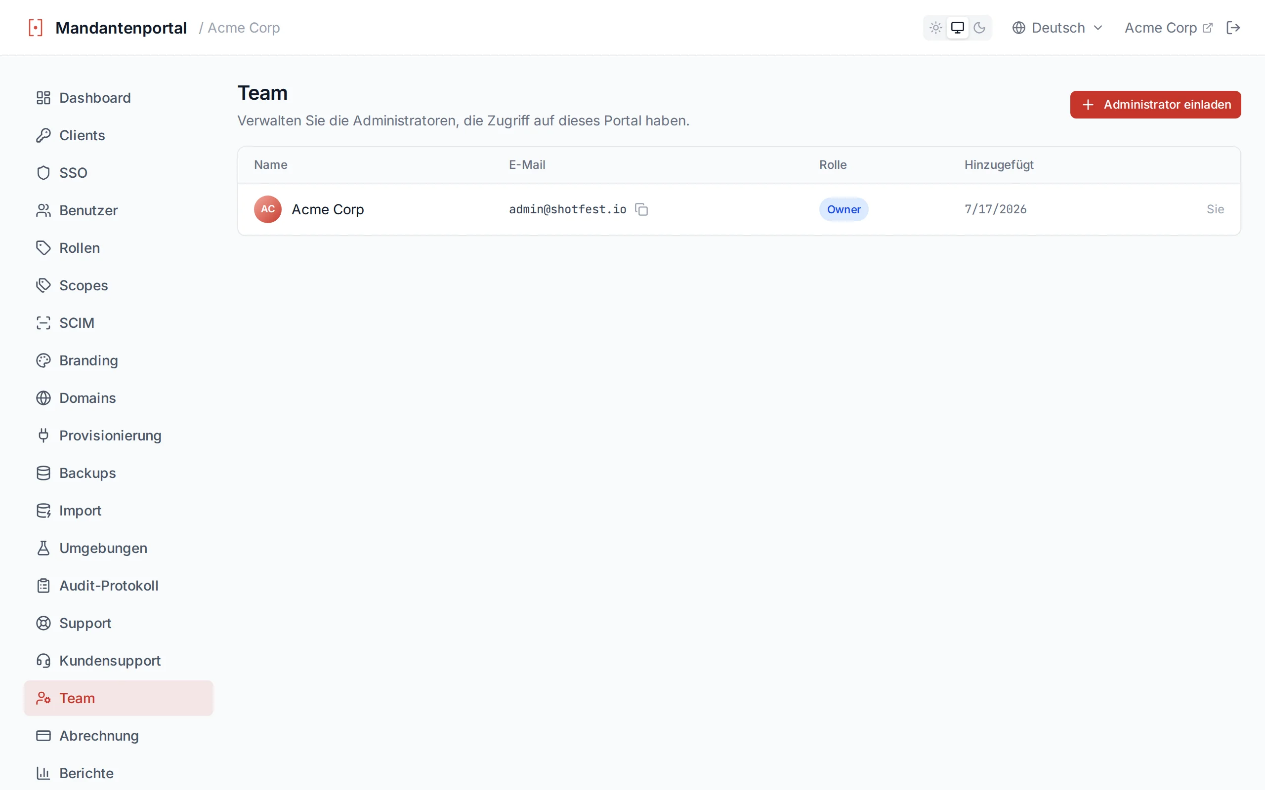 Team page showing the admin list with name, email, date added columns, a You indicator, and invite/remove controls