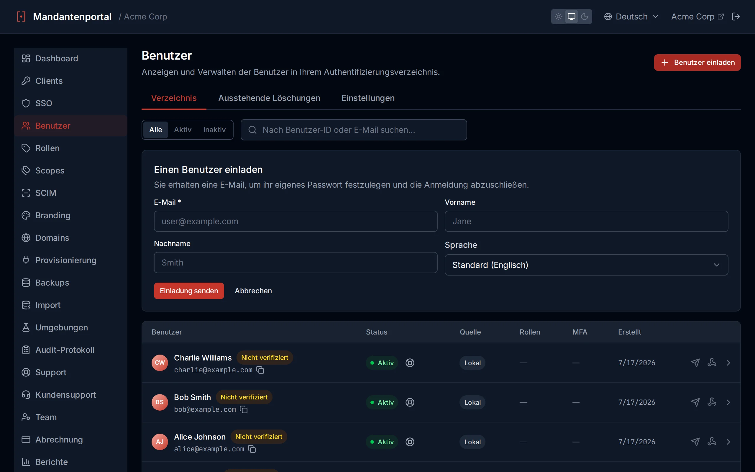 Create user form with email, password, first name, last name, and preferred Language fields