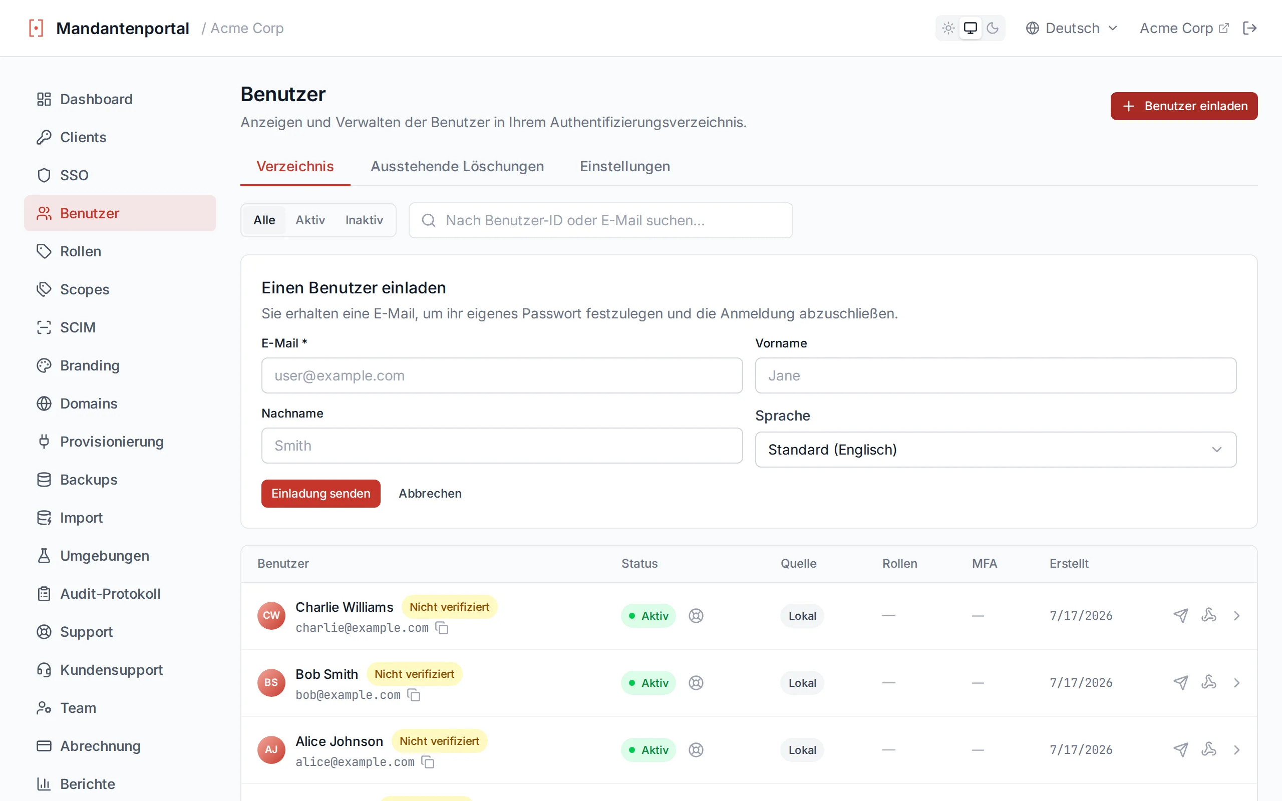 Create user form with email, password, first name, last name, and preferred Language fields