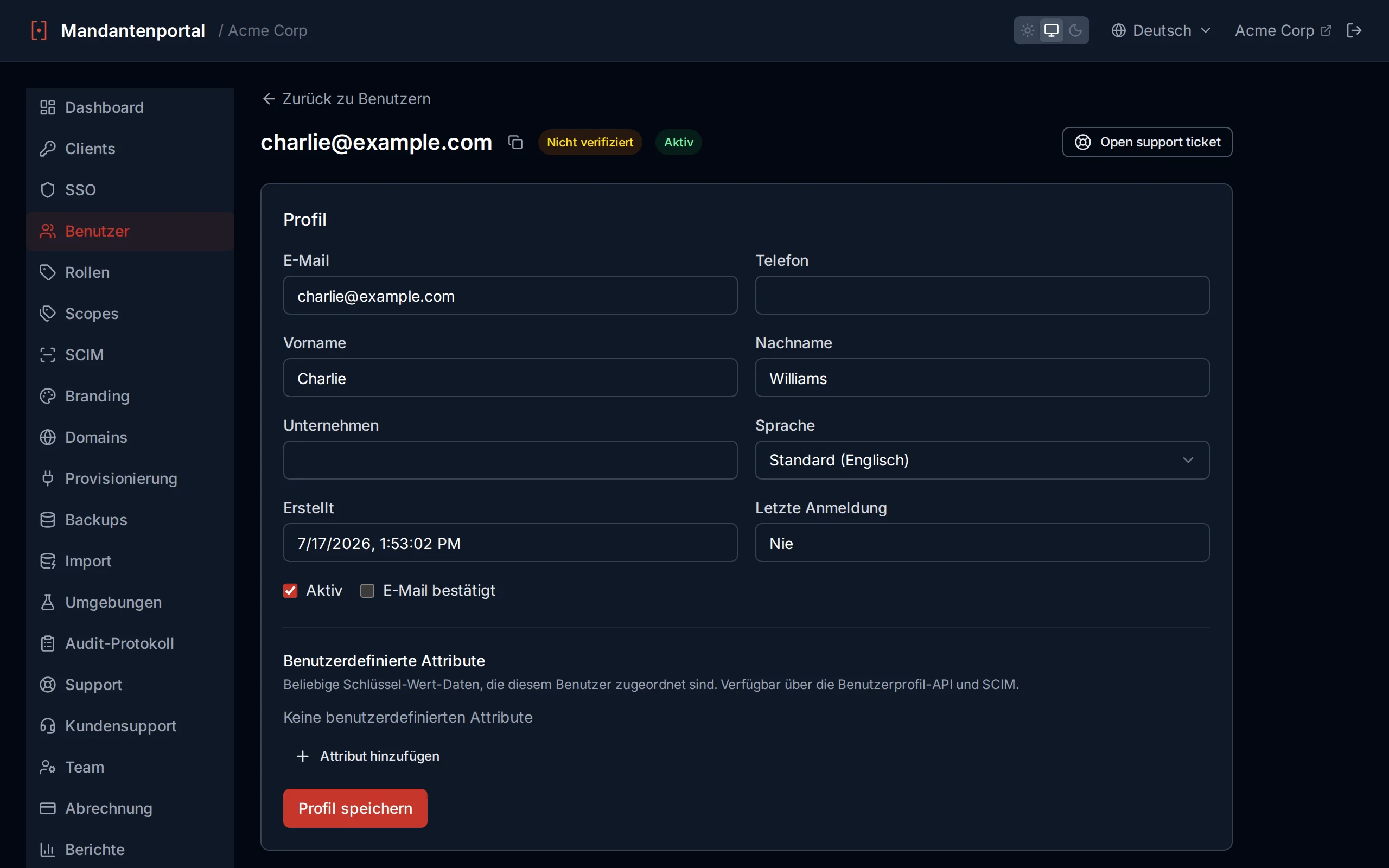 User detail edit form with profile fields including a preferred Language selector