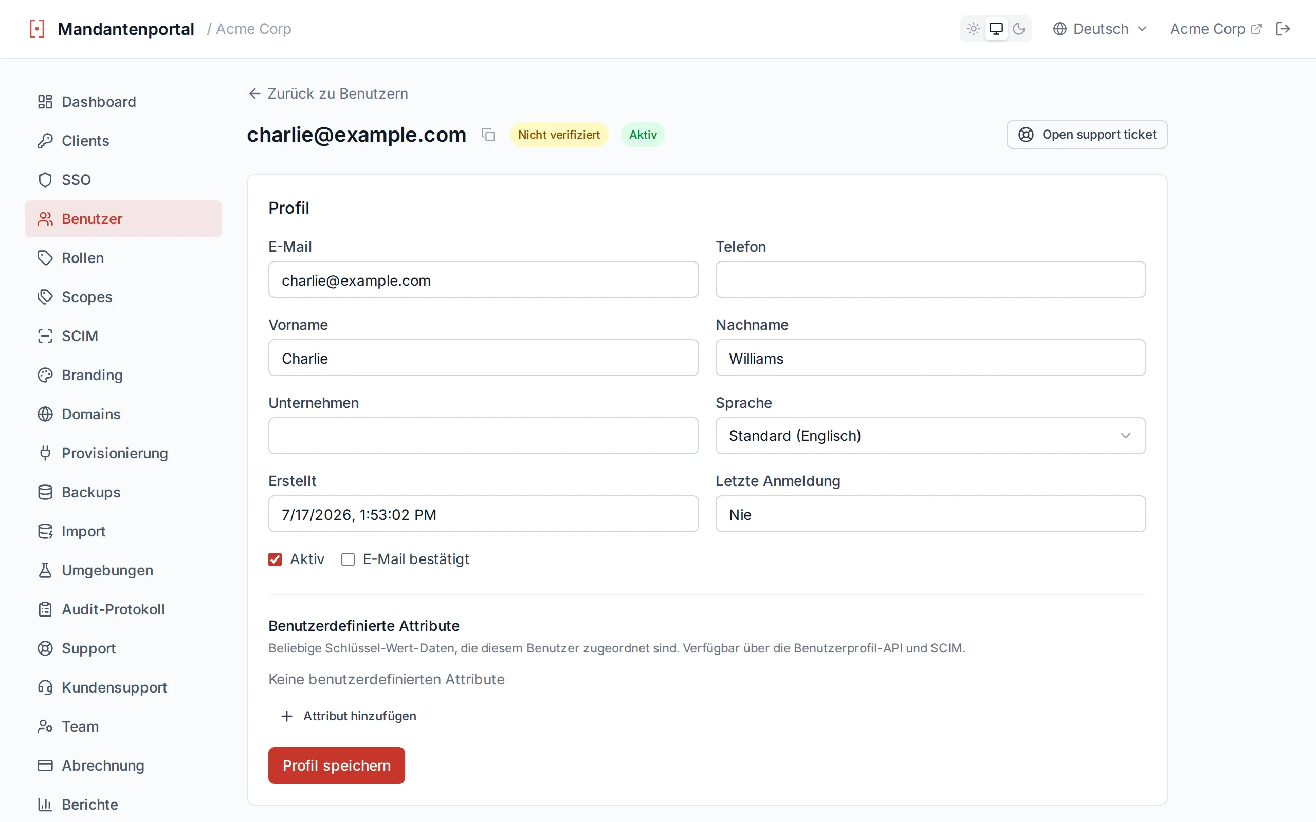 User detail edit form with profile fields including a preferred Language selector