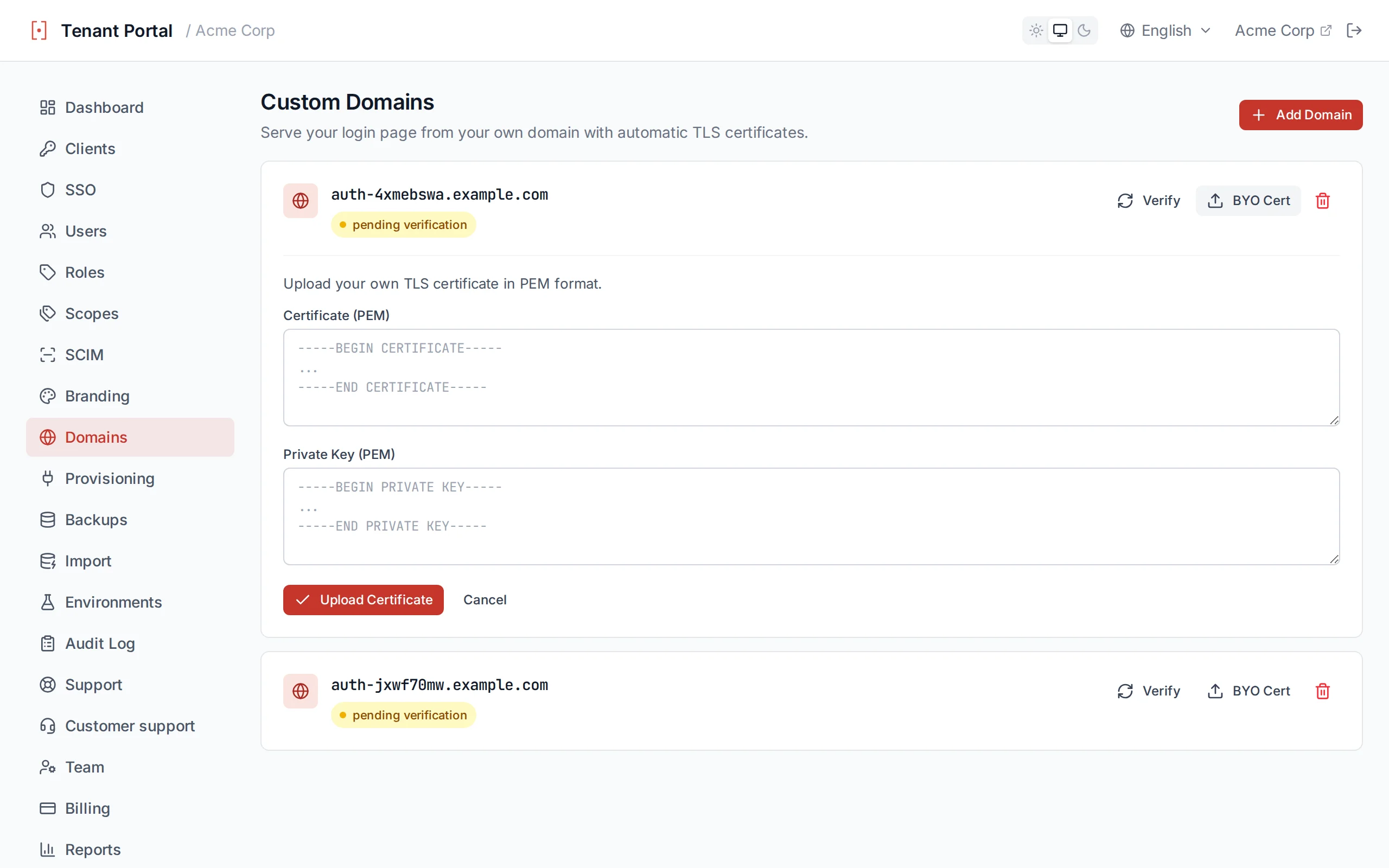 BYO certificate upload form with certificate and private key PEM fields