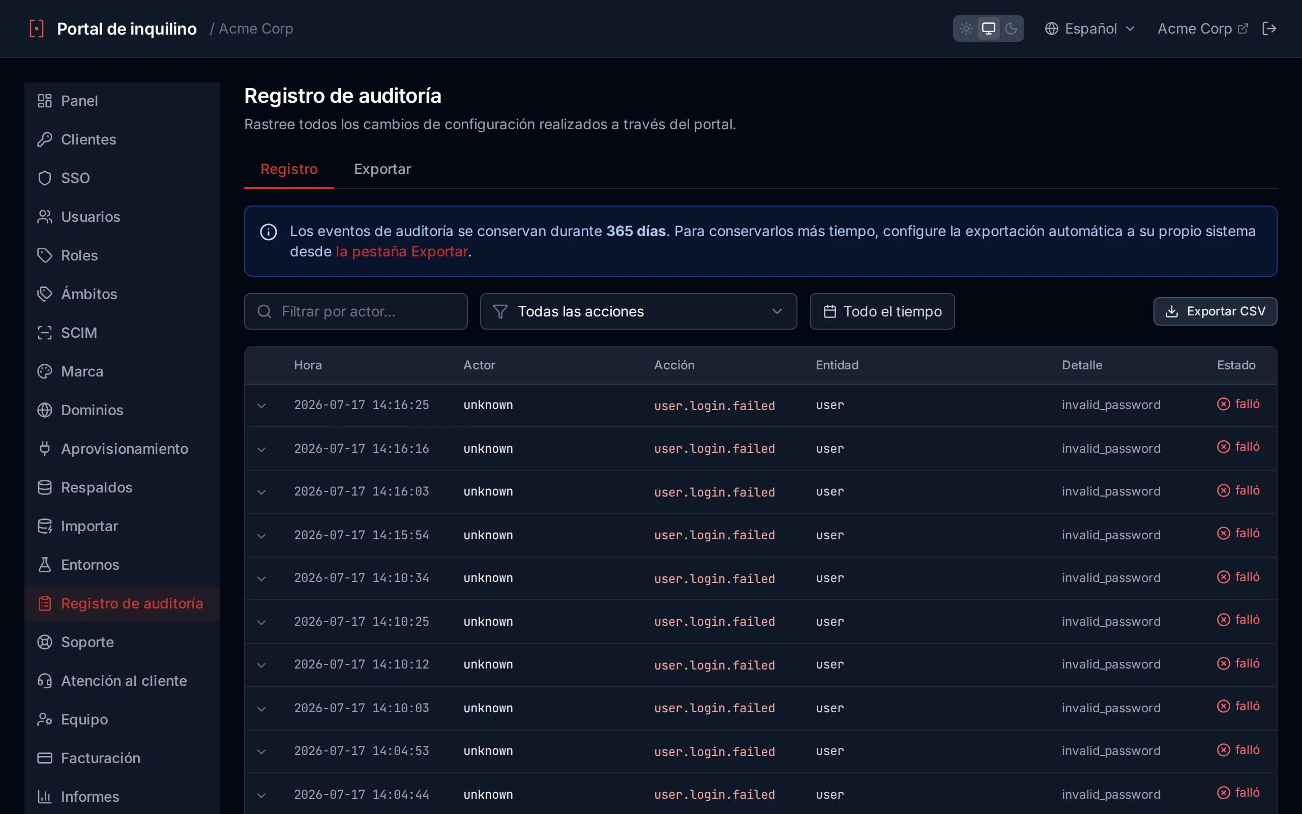 Audit log table showing timestamped administrative actions with actor, action, entity, and detail columns