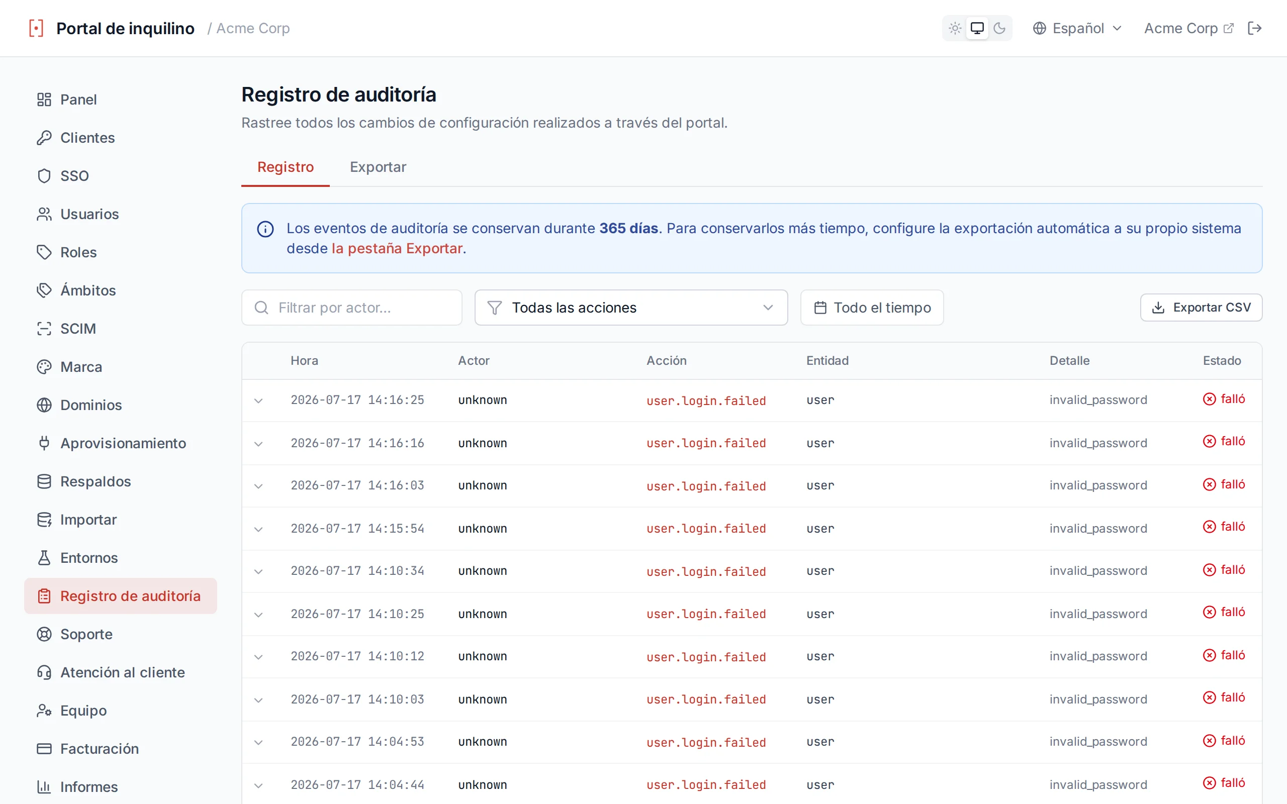 Audit log table showing timestamped administrative actions with actor, action, entity, and detail columns