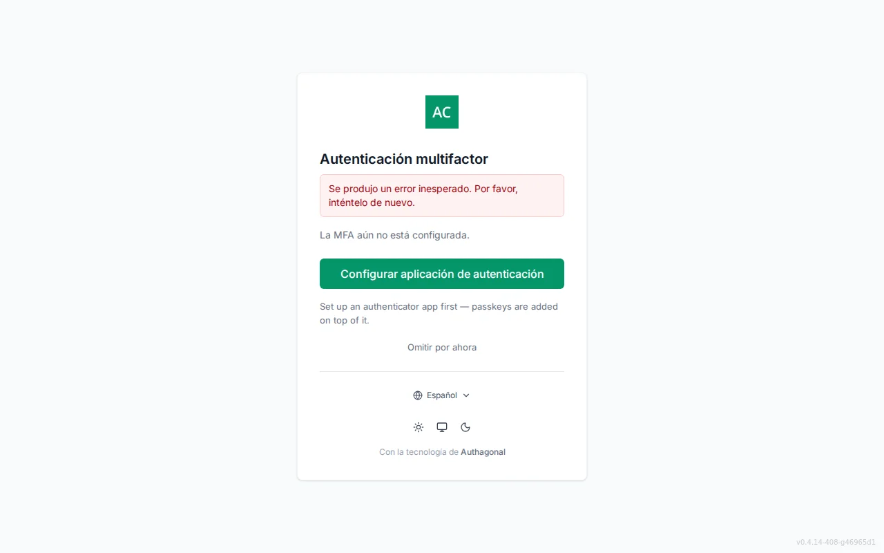 MFA setup screen showing enrolled-method status, authenticator QR code and manual key, passkey enrolment, and recovery-code generation