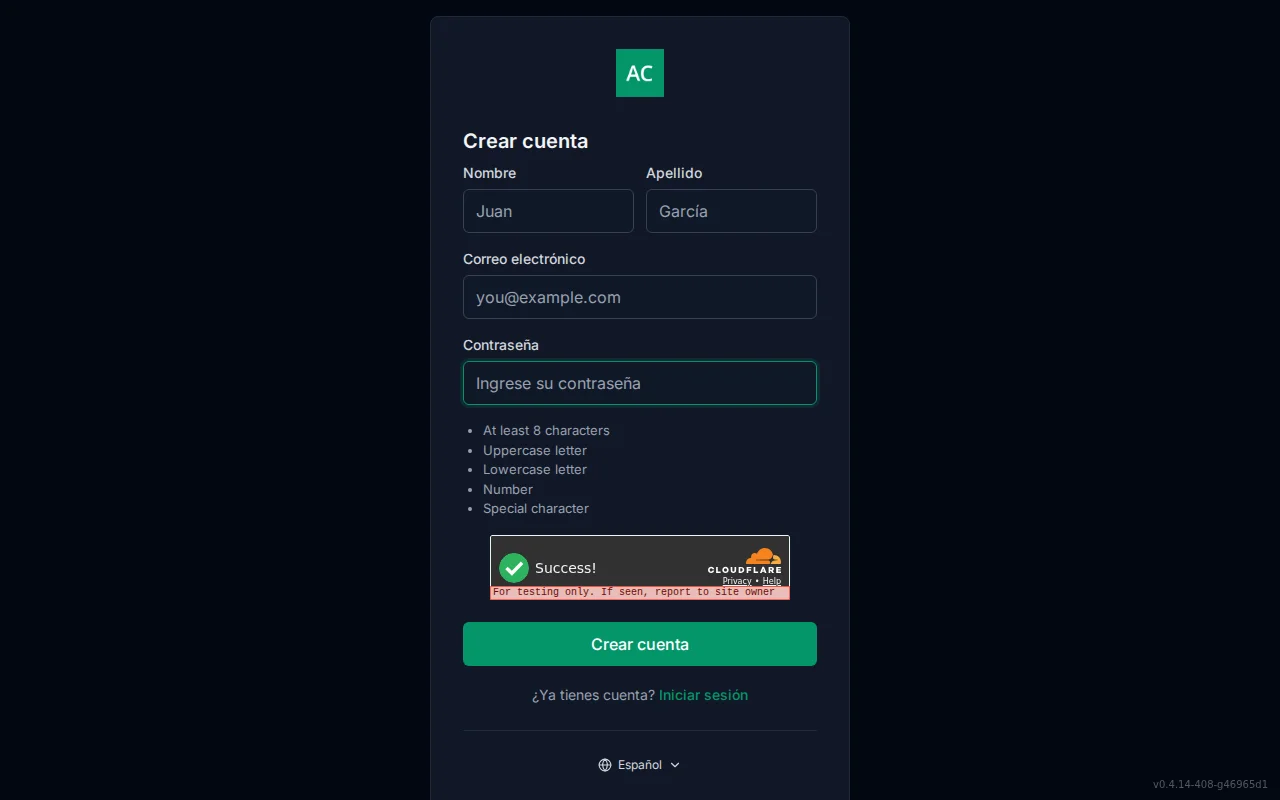 Account registration screen with first and last name fields, email, password, and a live password-policy checklist