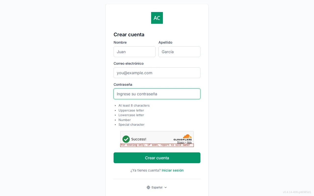 Account registration screen with first and last name fields, email, password, and a live password-policy checklist
