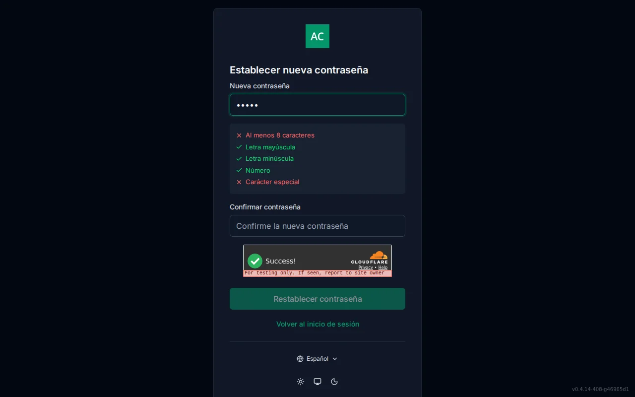 Reset-password screen with new and confirm password fields and a live per-rule requirement checklist