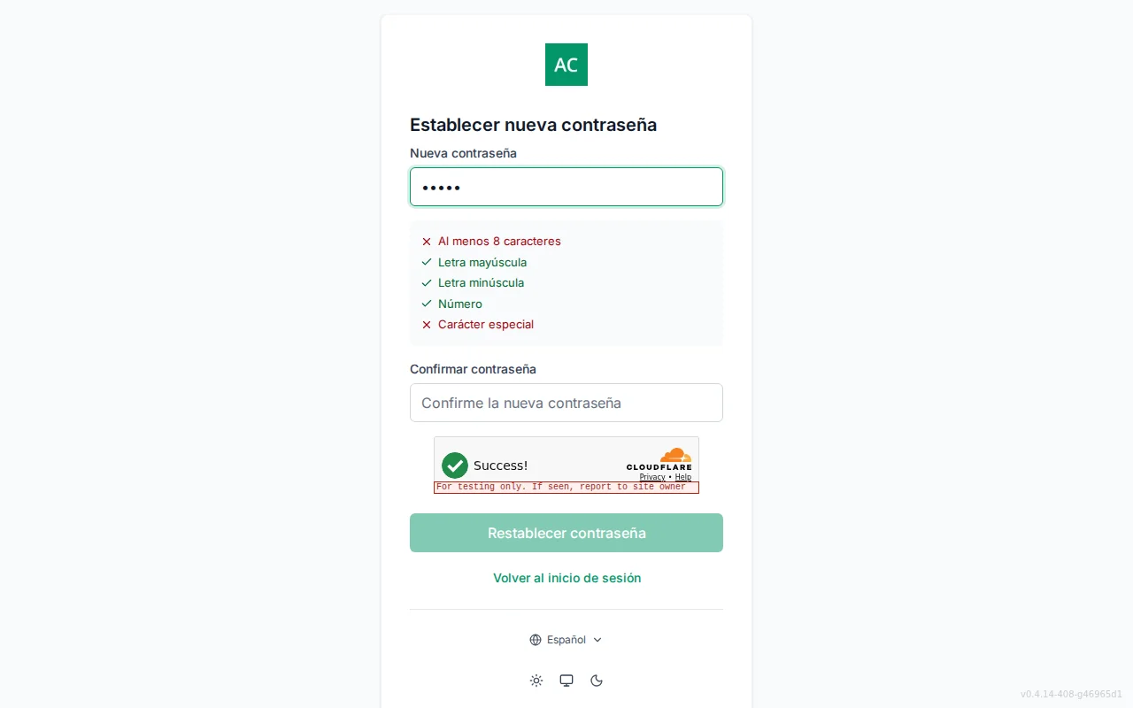 Reset-password screen with new and confirm password fields and a live per-rule requirement checklist