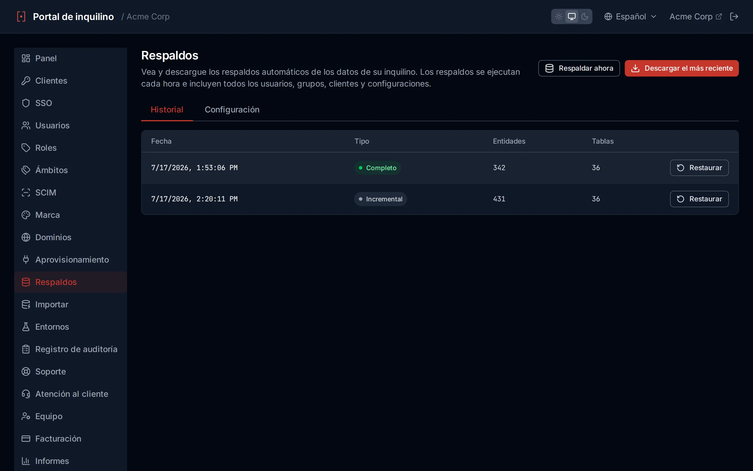 Backups page showing backup history with timestamps, types, and entity counts