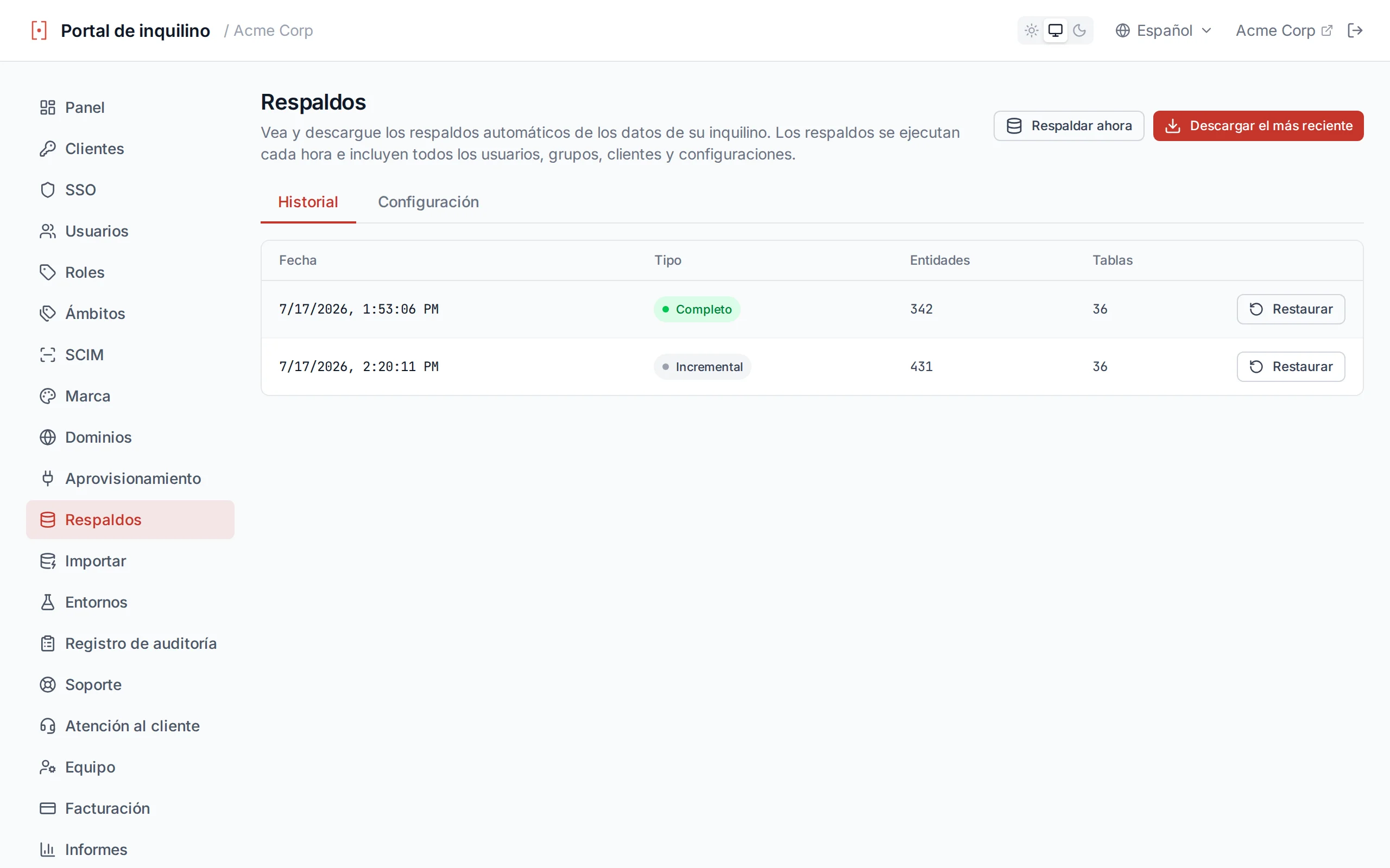 Backups page showing backup history with timestamps, types, and entity counts