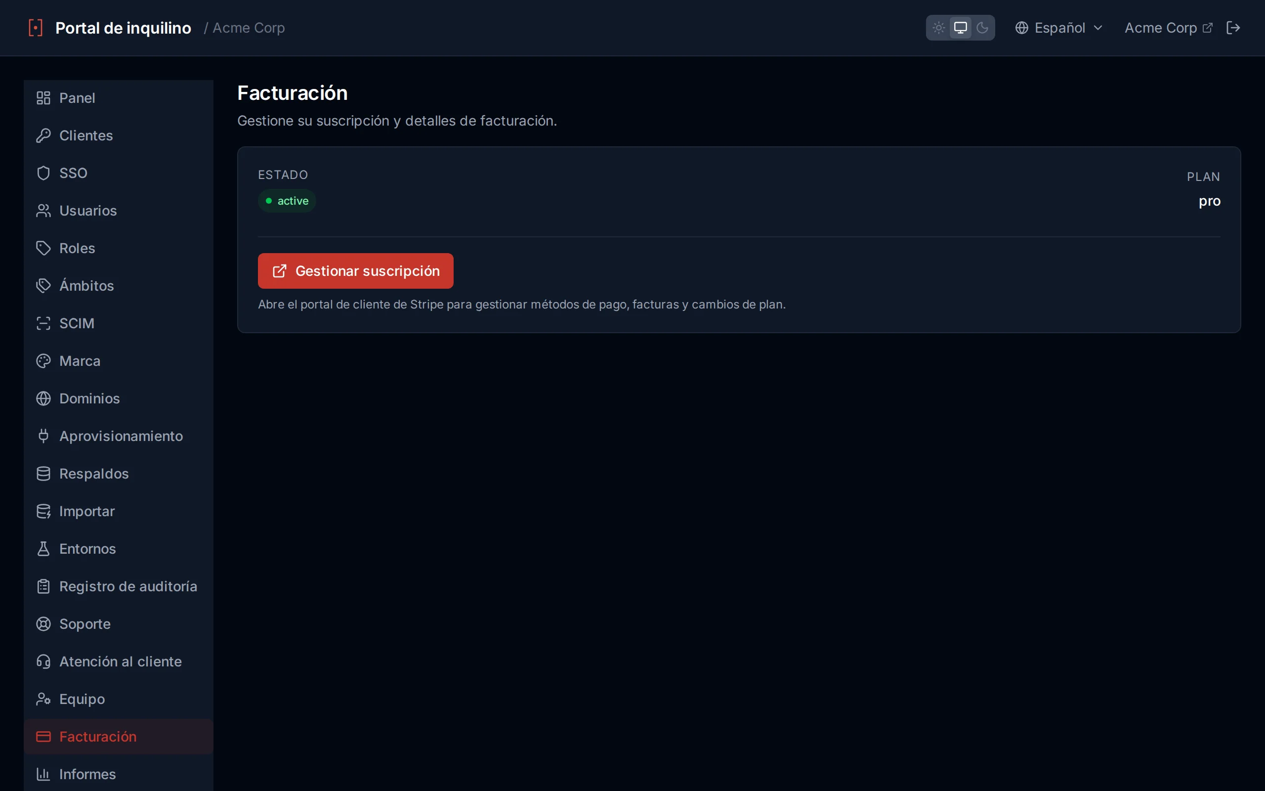 Billing page showing subscription status, plan name, billing period, and Manage Subscription button