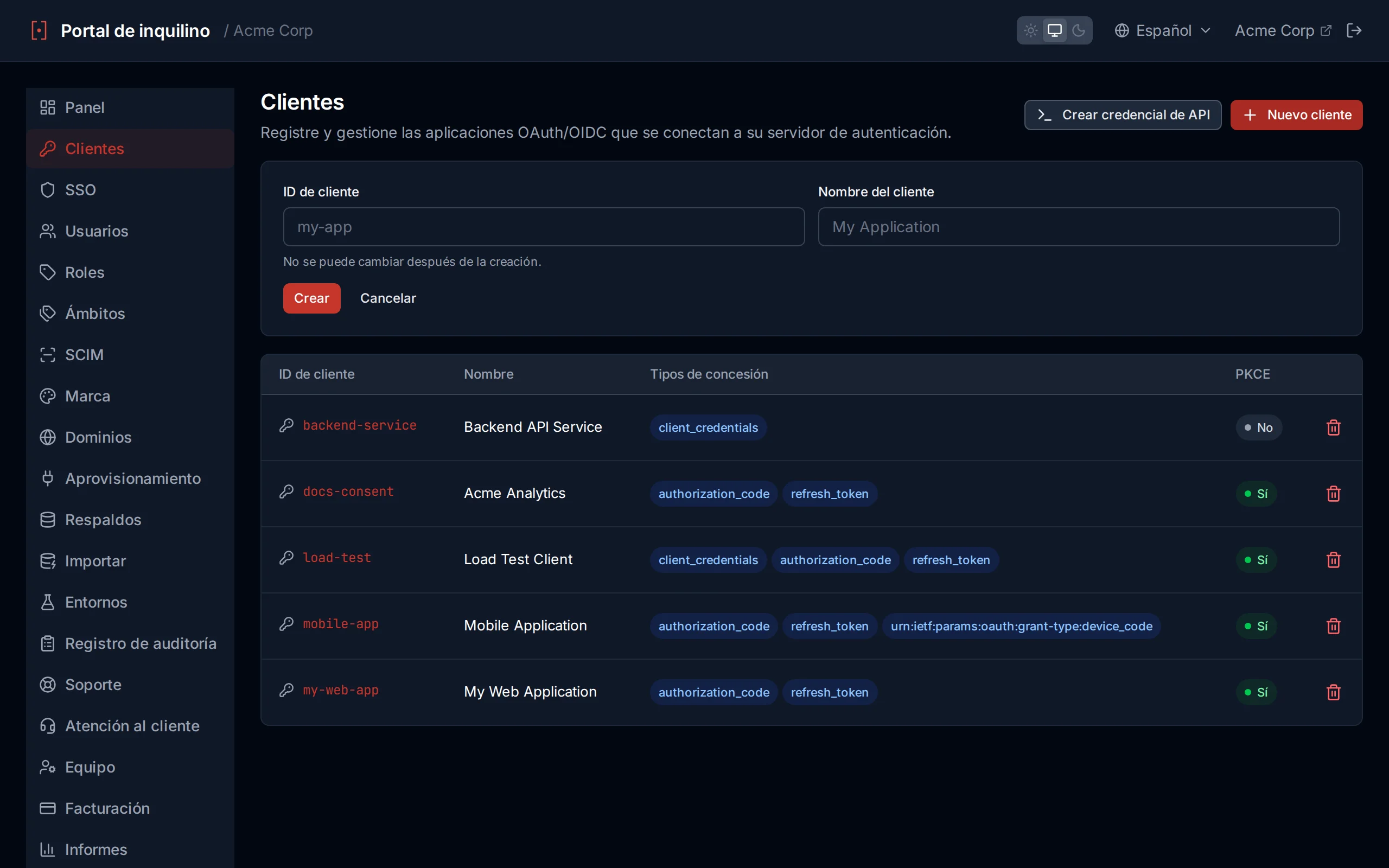 Client creation form with clientId, clientName, and redirect URI fields