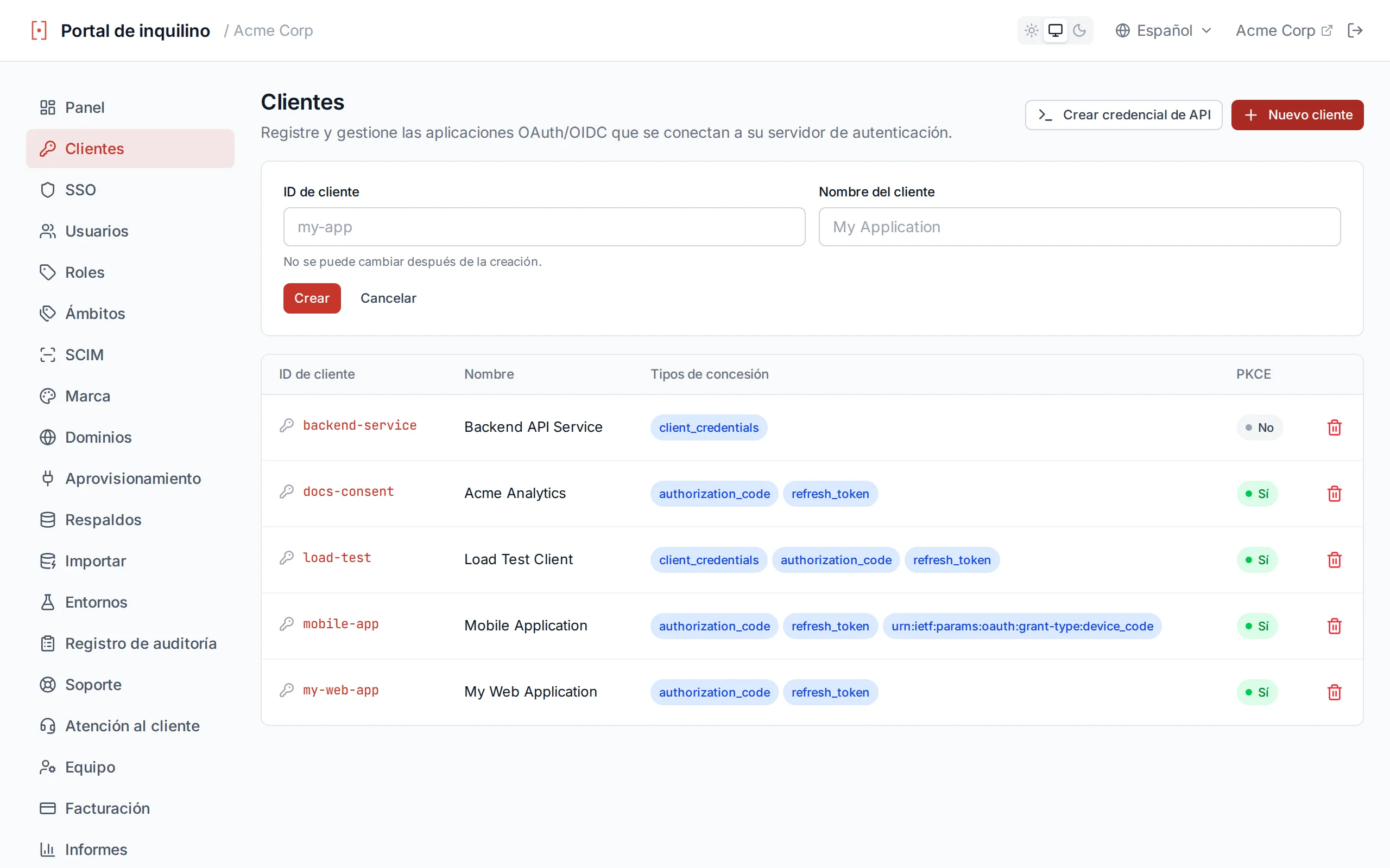 Create client form with clientId and clientName input fields