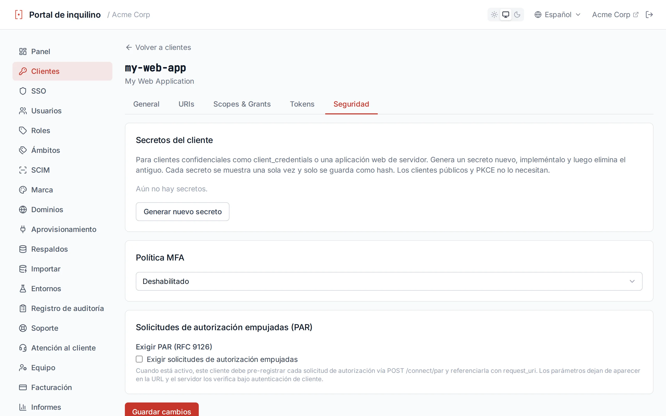 MFA policy dropdown showing Disabled, Enabled, and Required options on the client configuration page