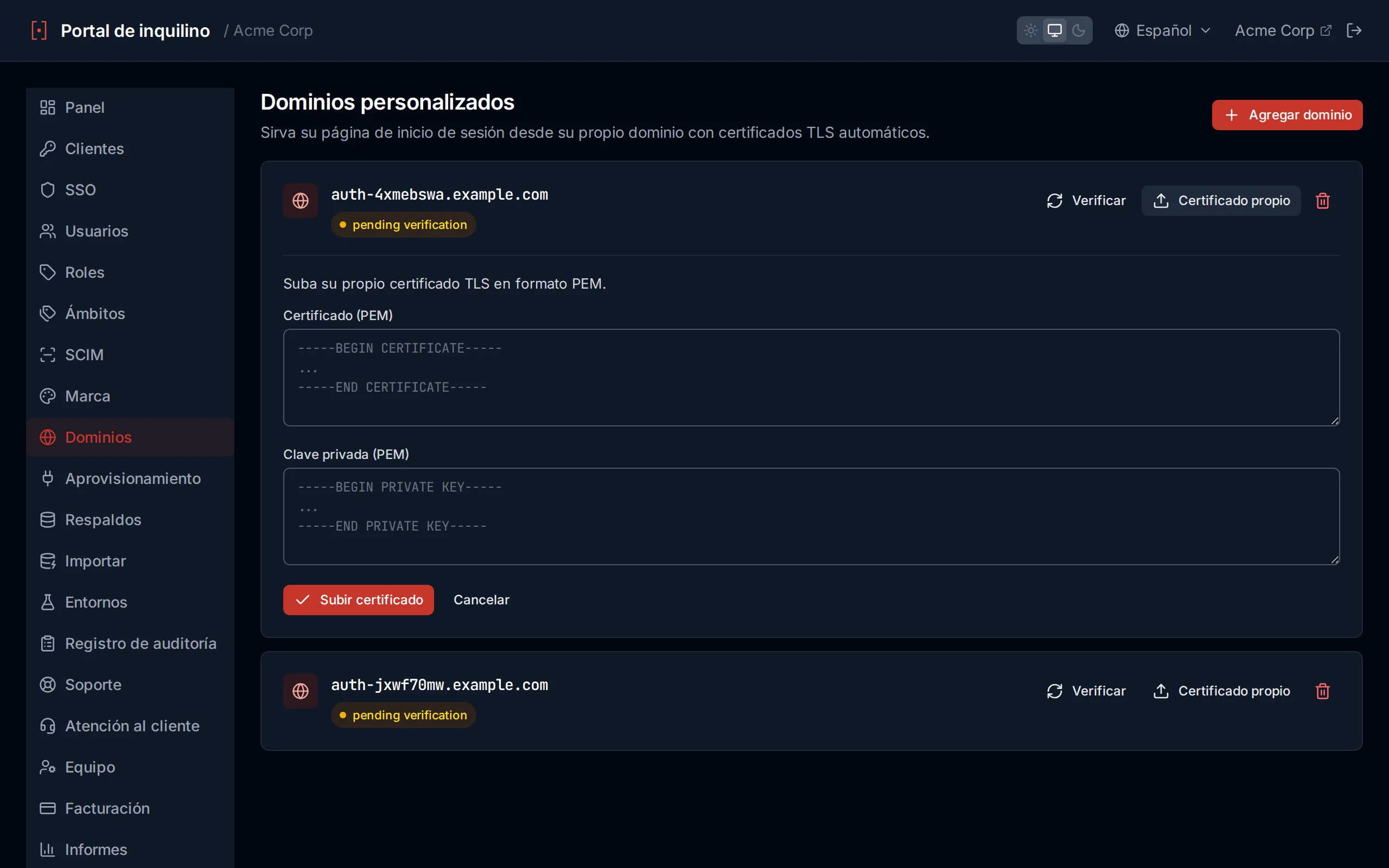 BYO certificate upload form with certificate and private key PEM fields