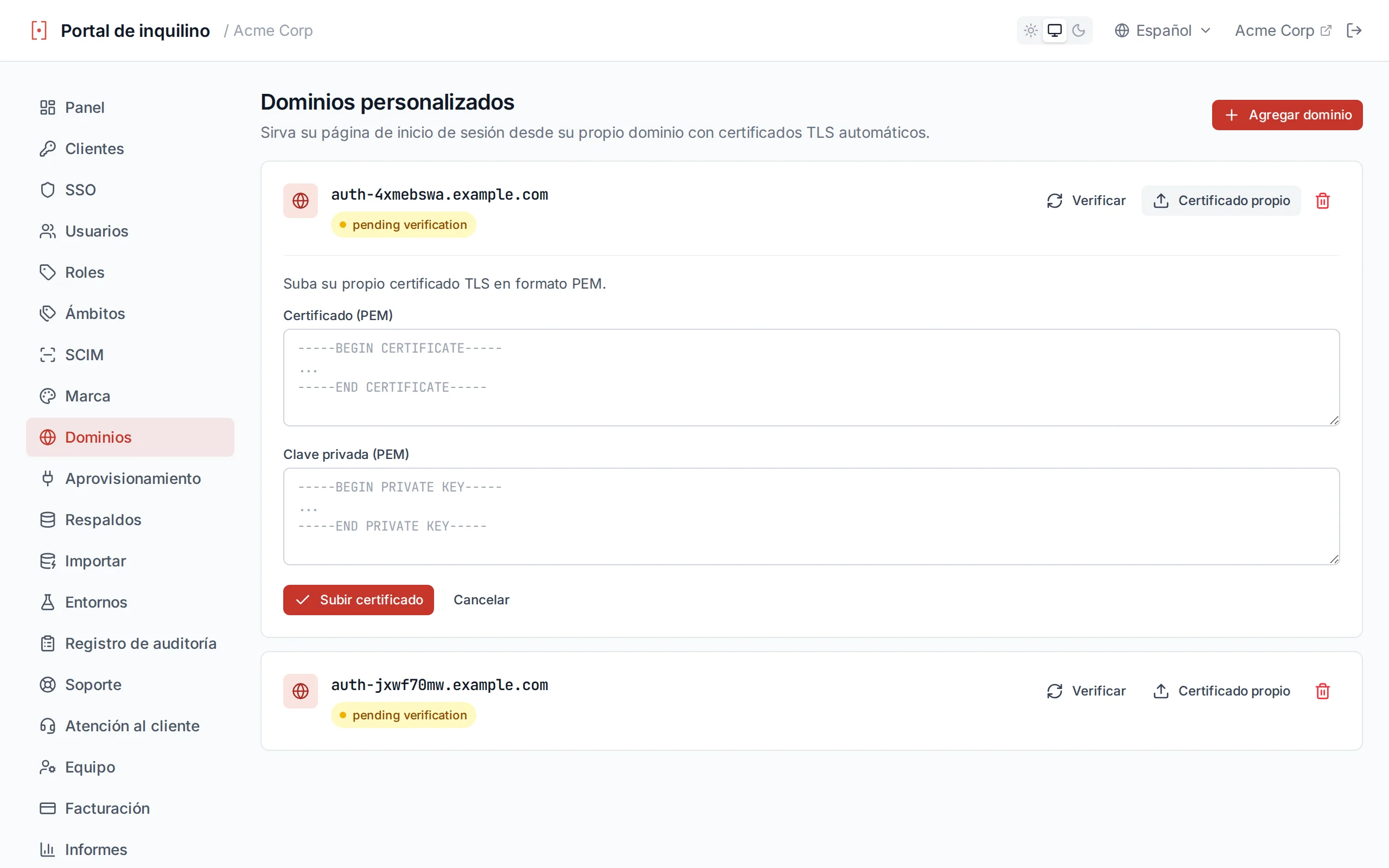 BYO certificate upload form with certificate and private key PEM fields
