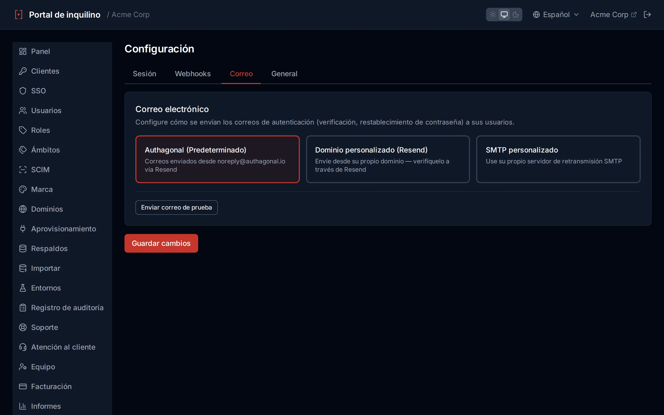 Email settings showing provider options (default, Resend domain, custom SMTP) and a test-send