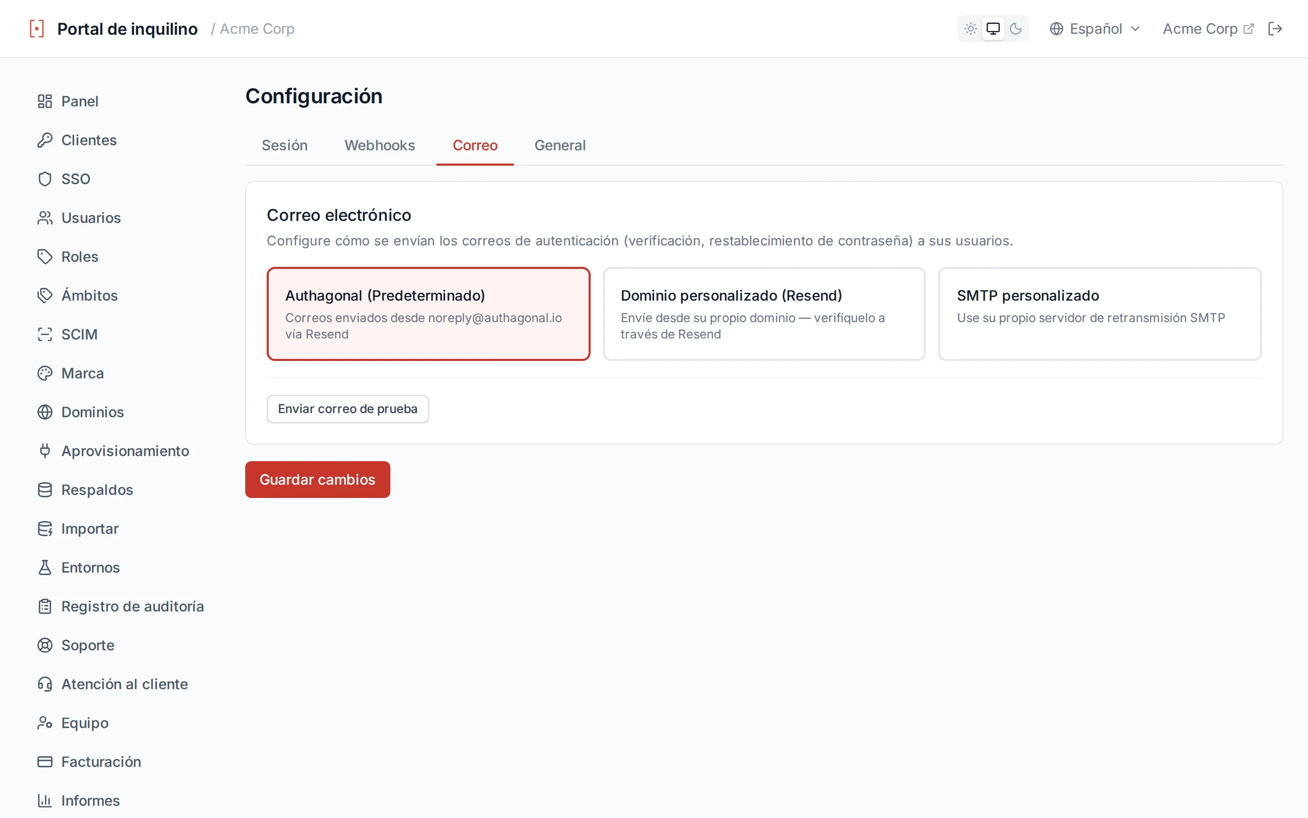 Email settings showing provider options (default, Resend domain, custom SMTP) and a test-send