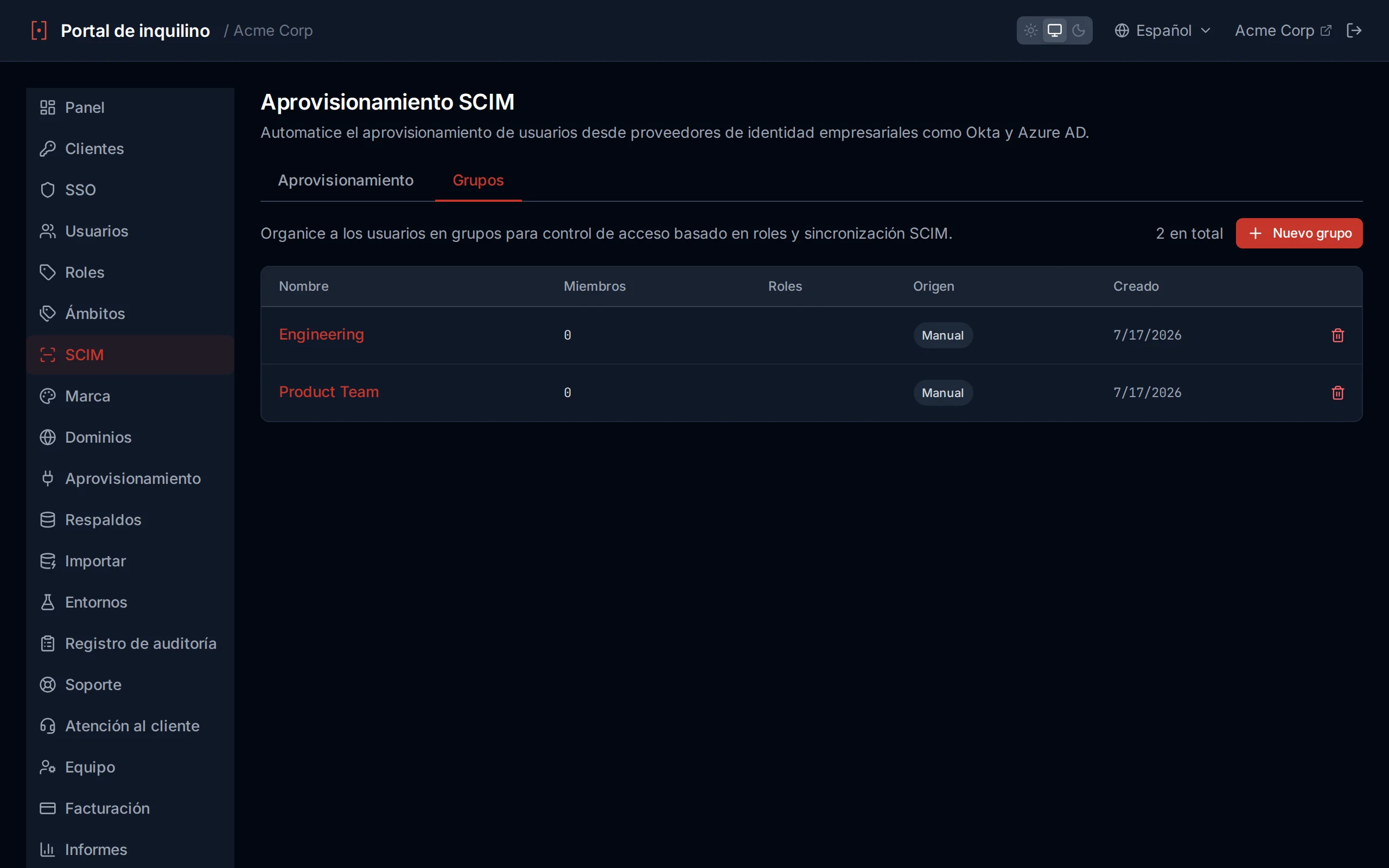 Groups list table showing group name, member count, source badge, and created date