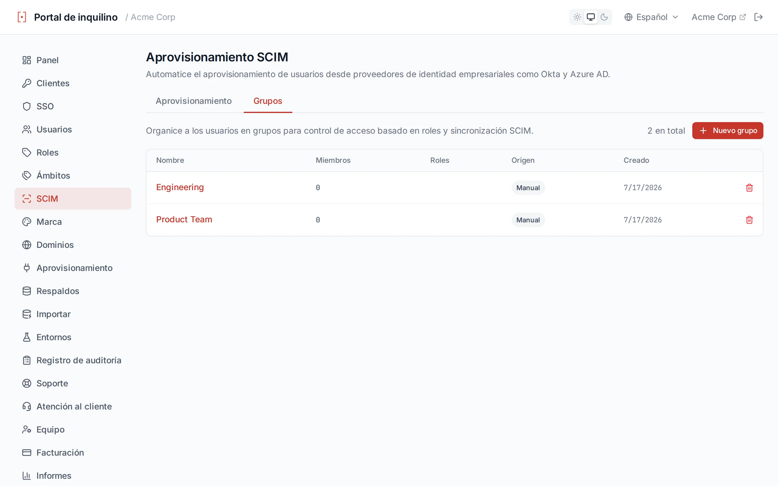 Groups list table showing group name, member count, source badge, and created date