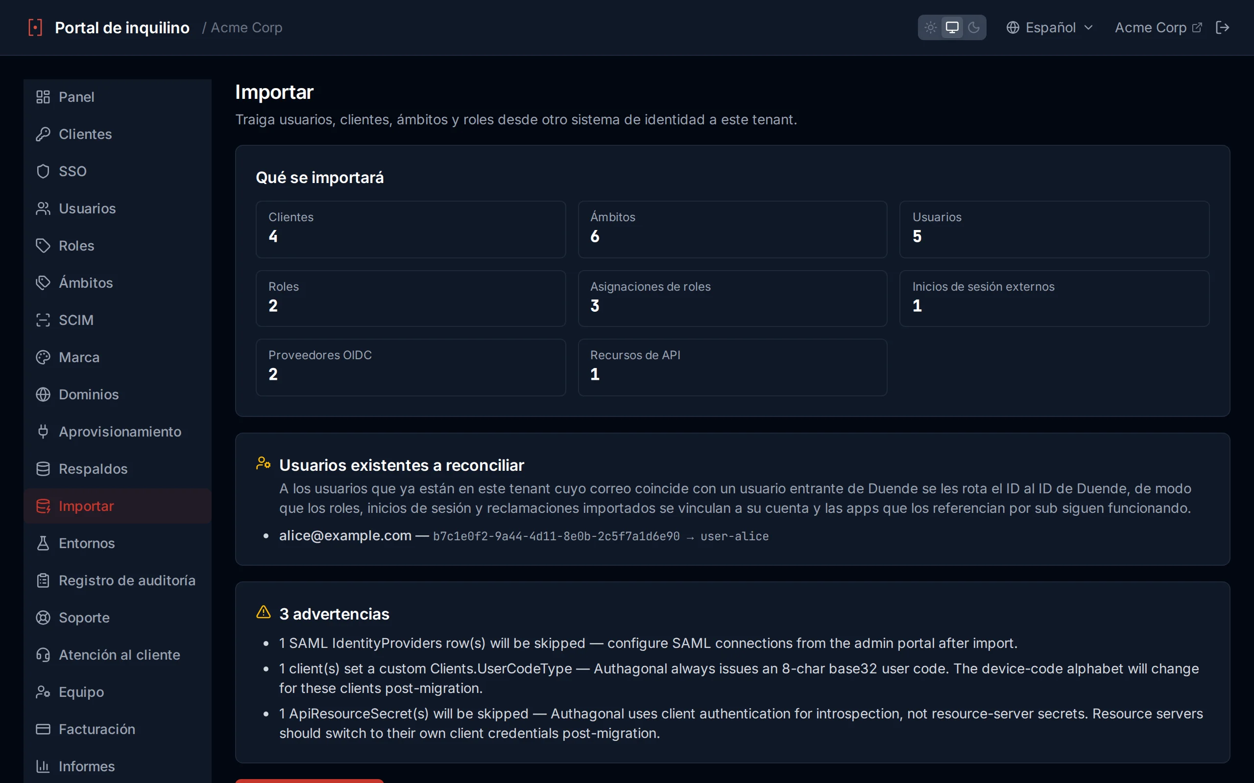 Import preview panel showing entity counts and warnings before committing the import