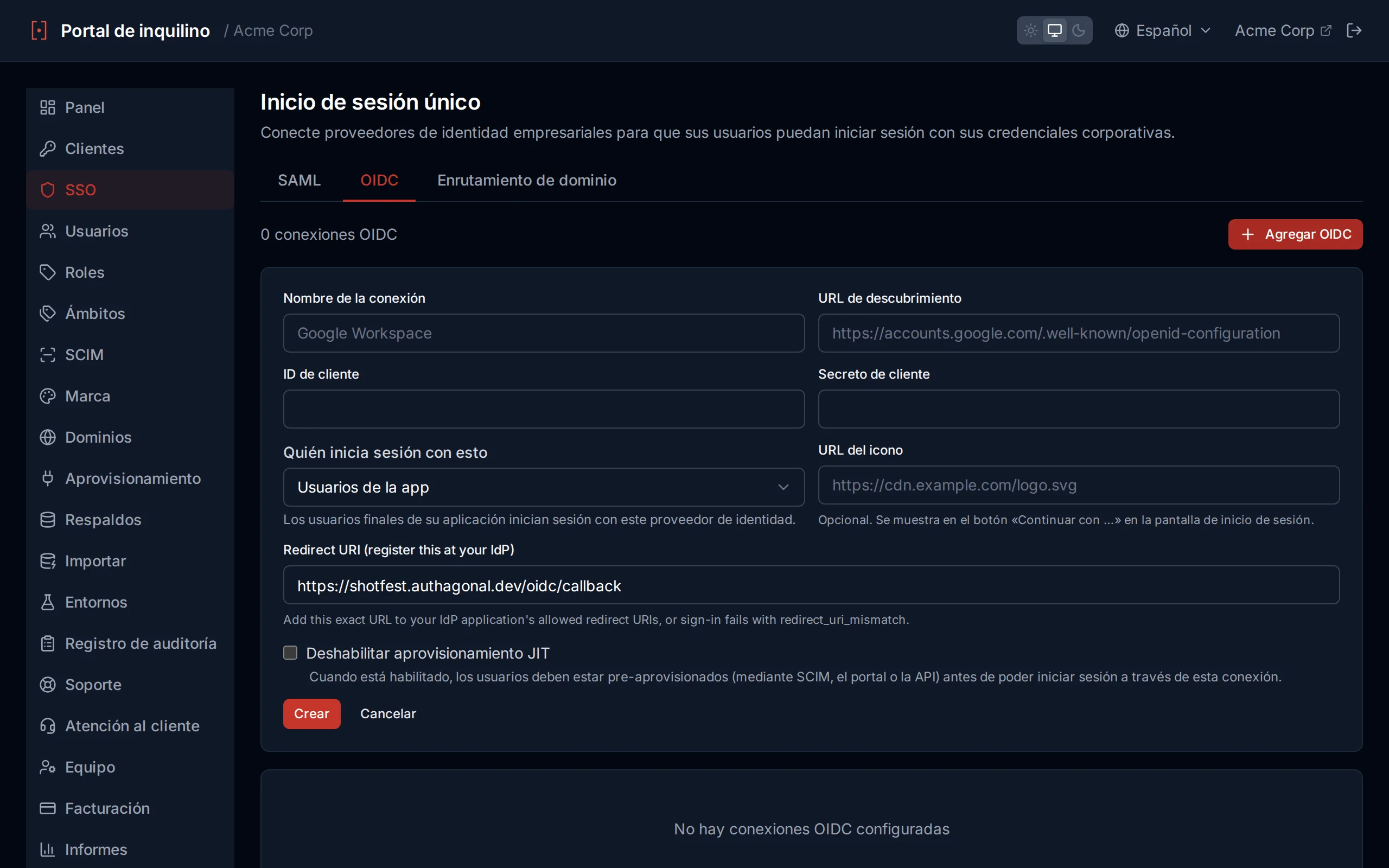 OIDC connection creation form with fields for connection name, discovery URL, client ID, and client secret
