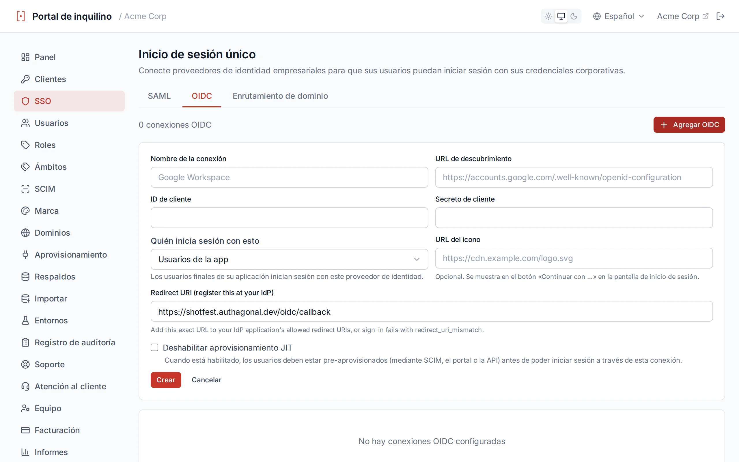 OIDC connection creation form with fields for connection name, discovery URL, client ID, and client secret