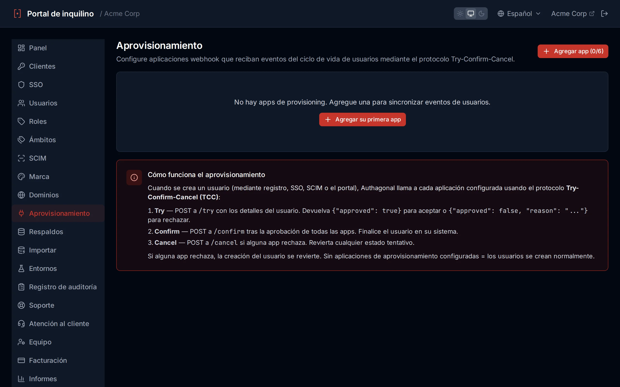 Provisioning apps page showing configured apps with test results displaying HTTP status and response body
