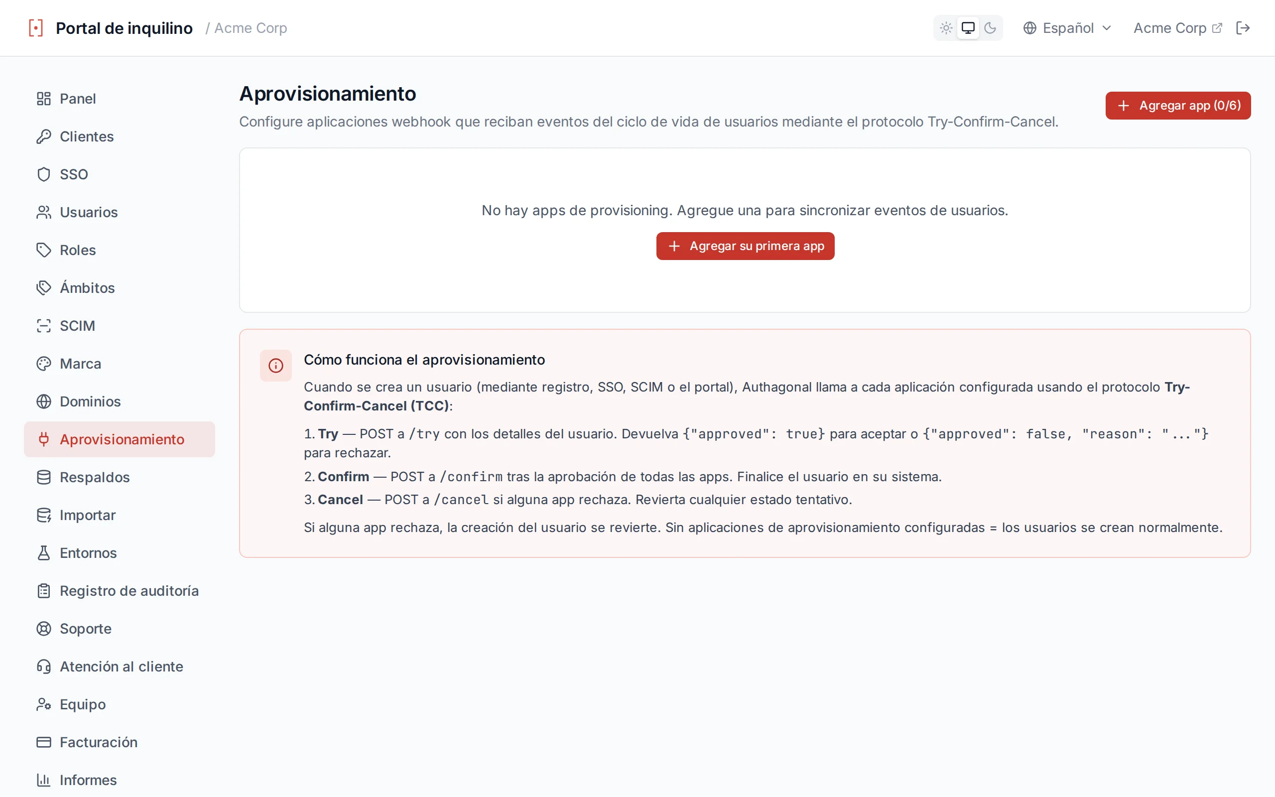 Provisioning apps page showing configured apps with test results displaying HTTP status and response body