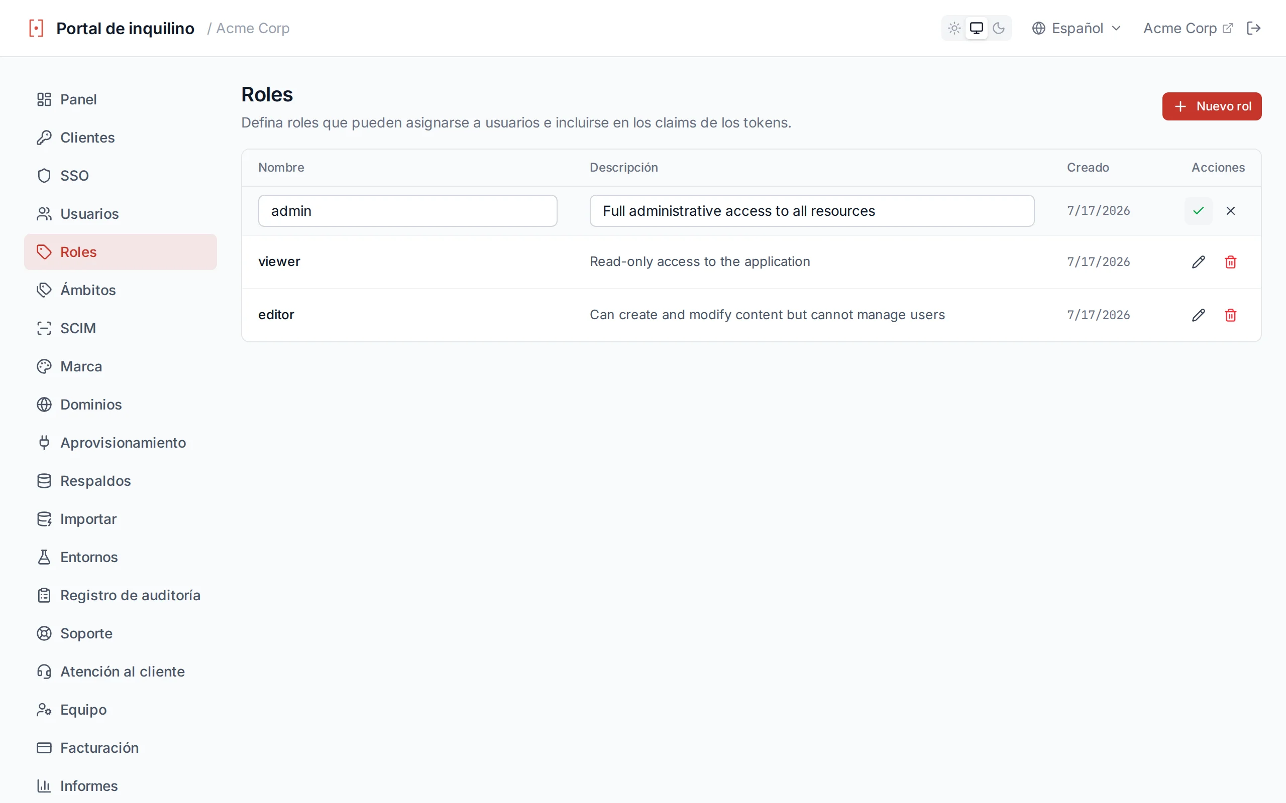 Roles table with inline editing active, showing editable name and description fields with save and cancel icons