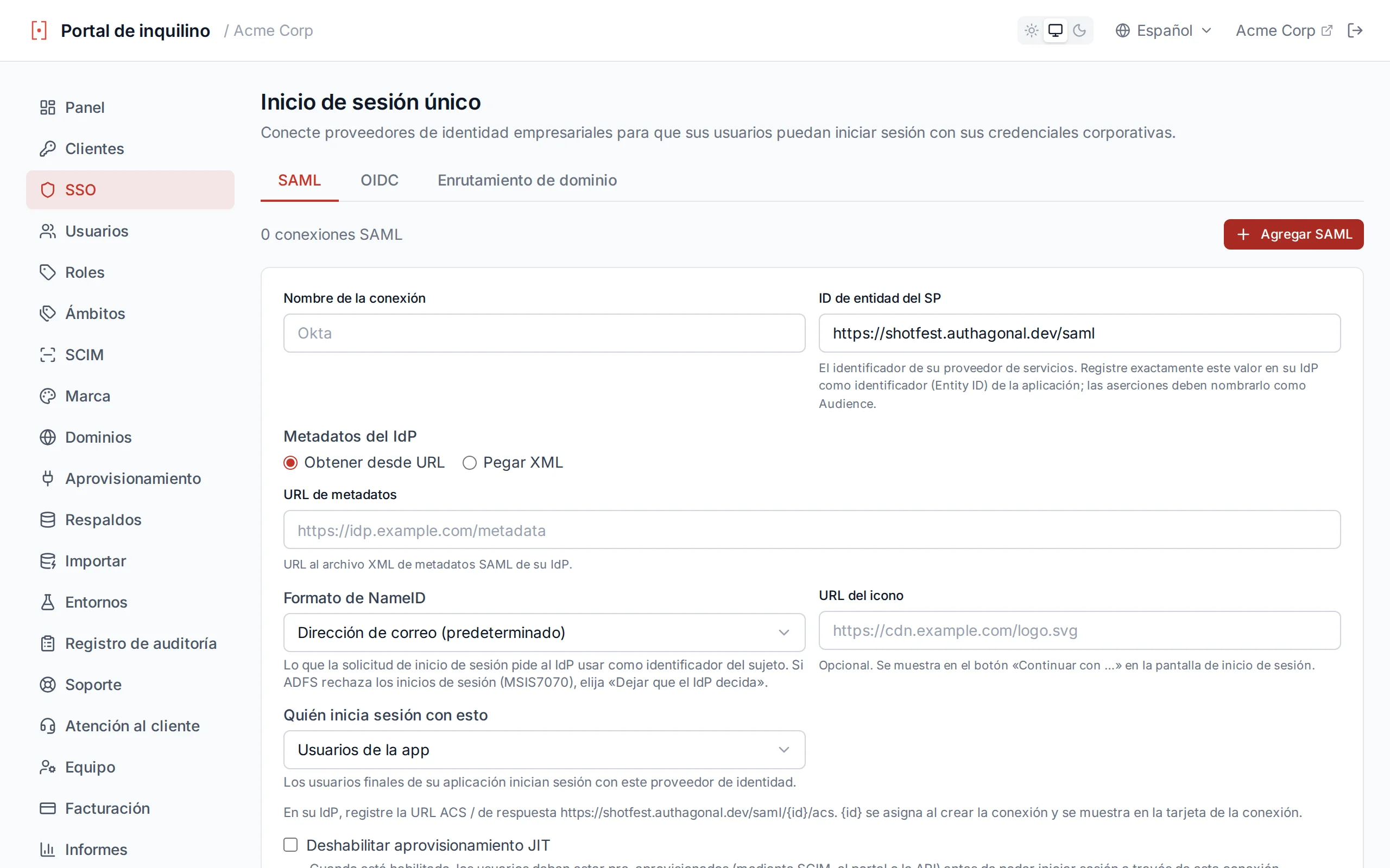 SAML connection creation form with fields for connection name, entity ID, and metadata URL