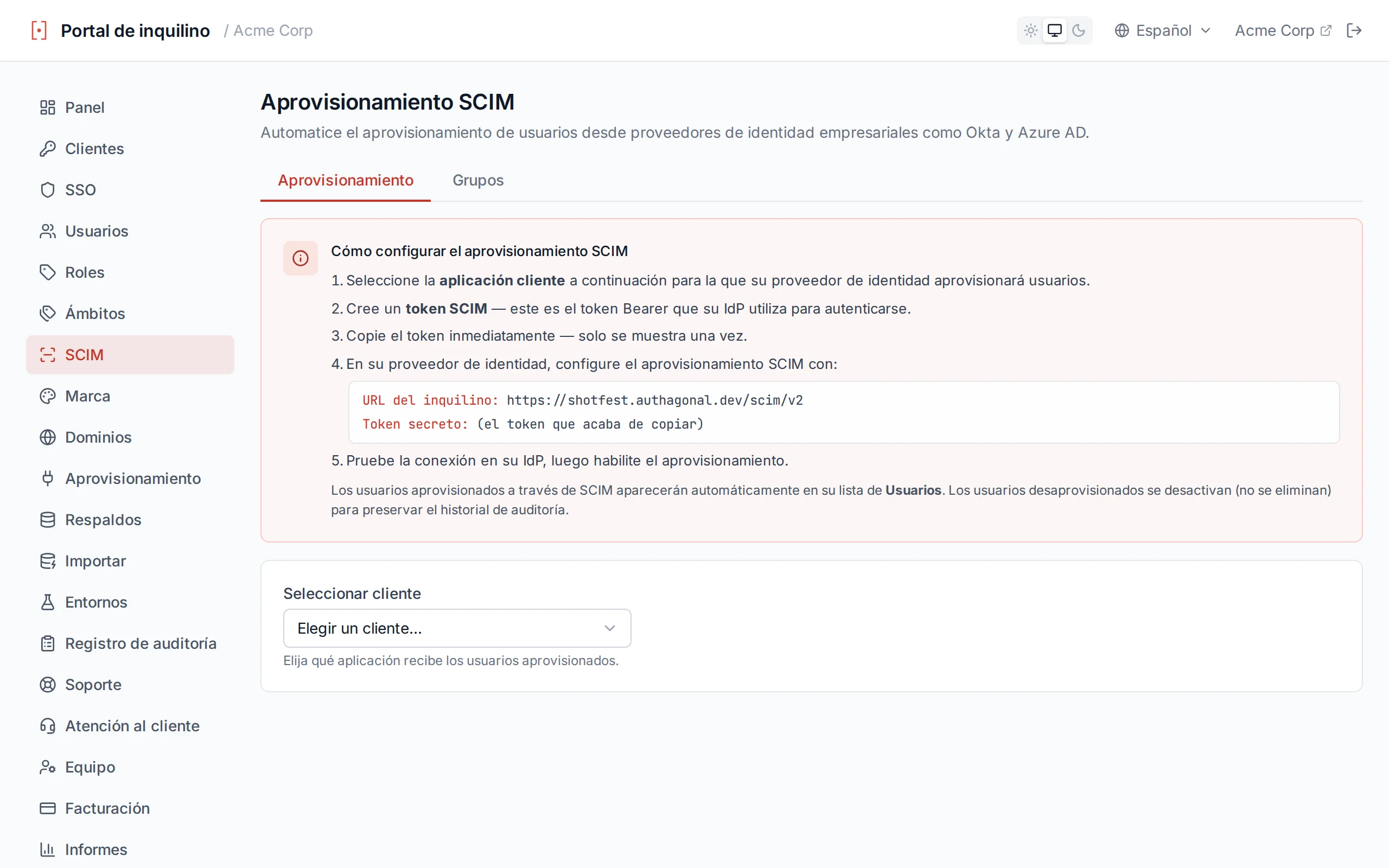 SCIM configuration page showing client selector, token generation form, and base URL