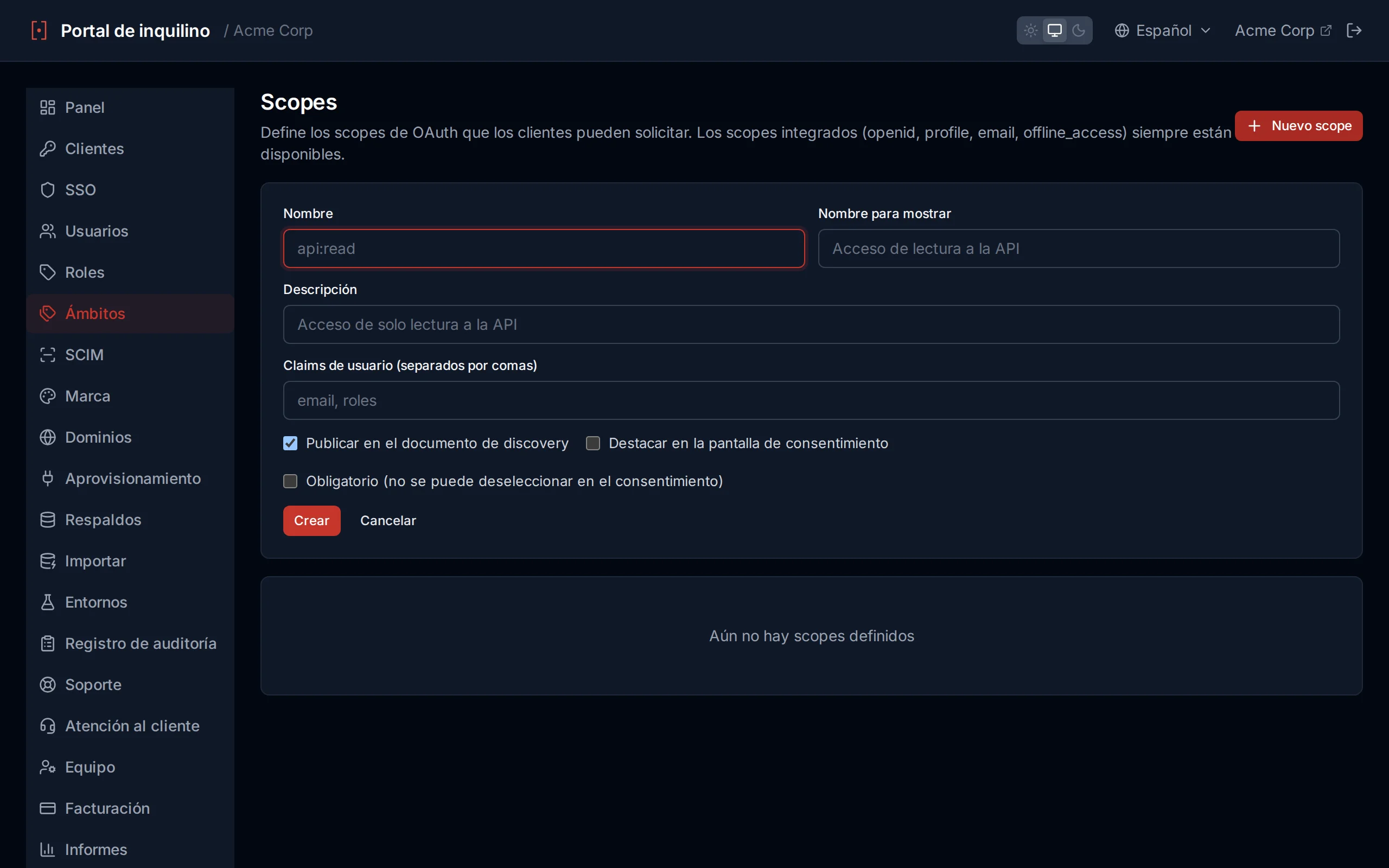 Custom scope creation form with name, display name, description and User Claims fields