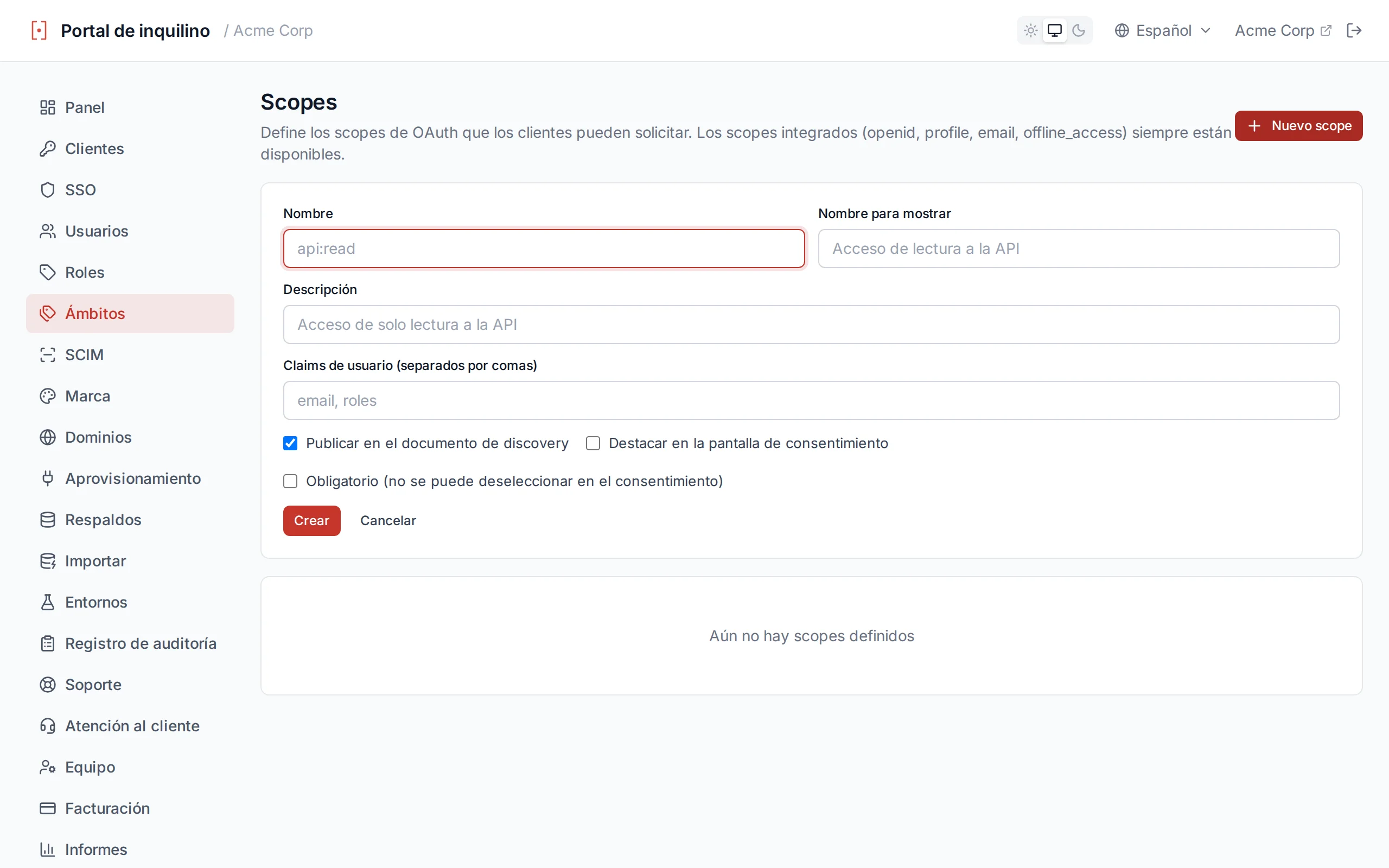 Custom scope creation form with name, display name, description and User Claims fields