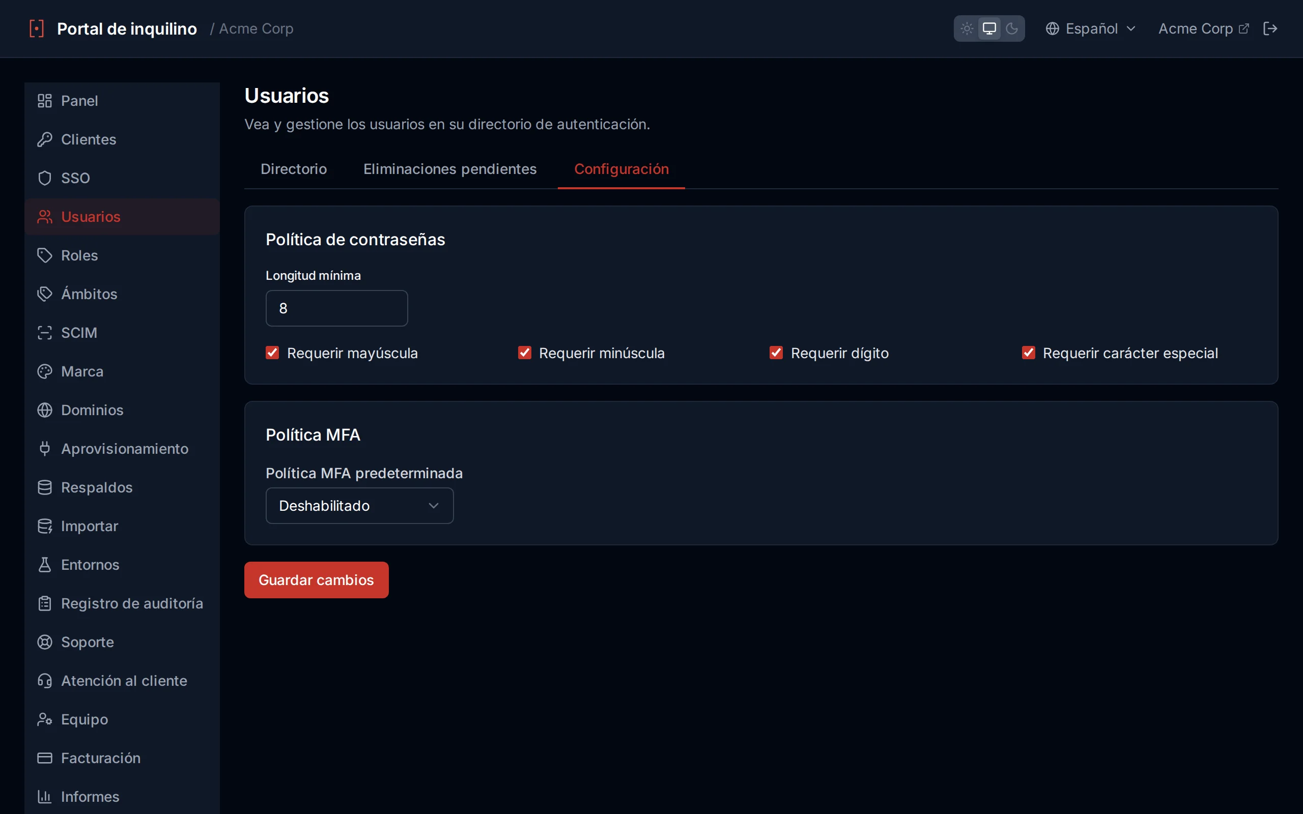 Password policy settings showing minimum length slider and toggle switches for character requirements