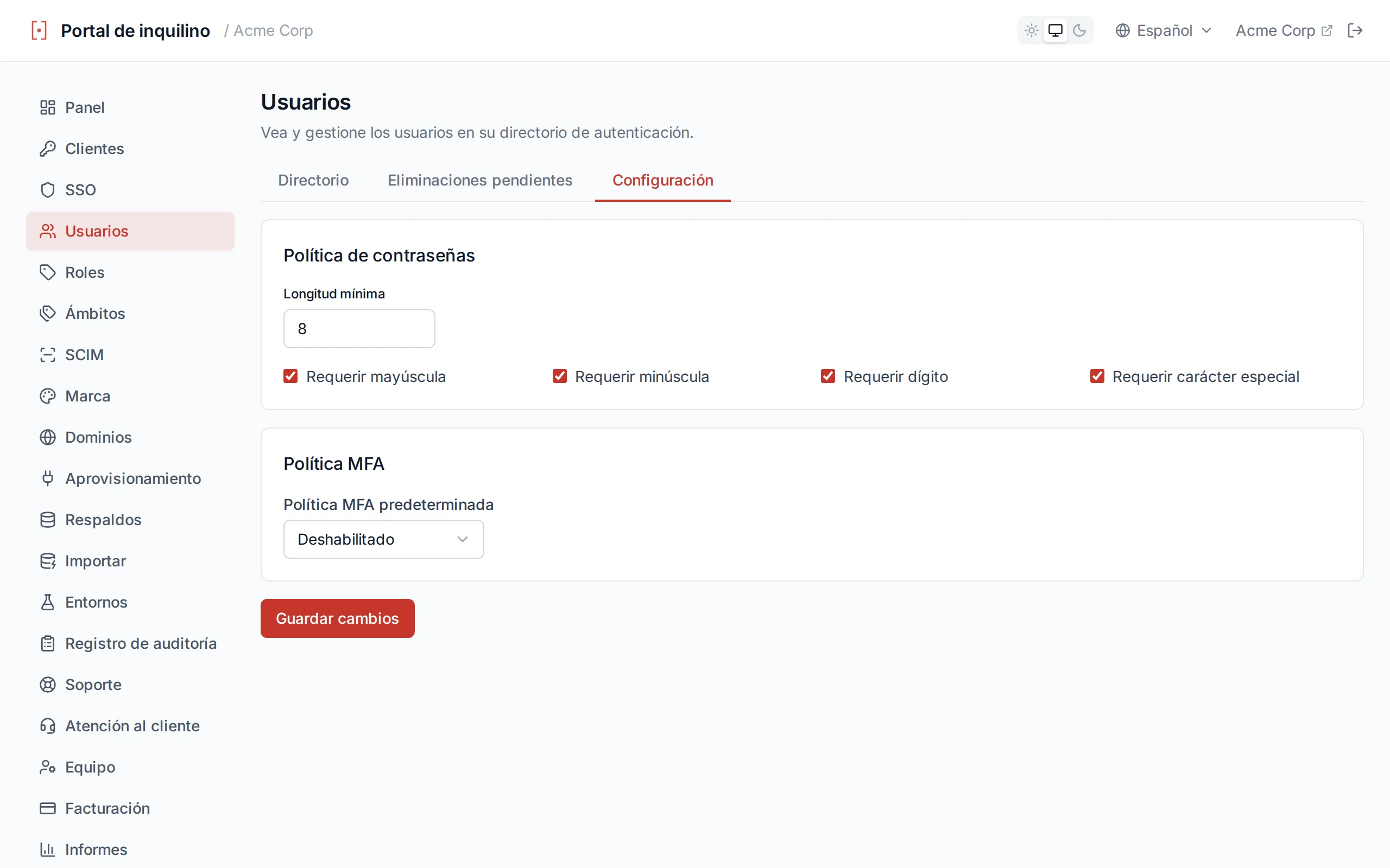 Password policy settings showing minimum length slider and toggle switches for character requirements