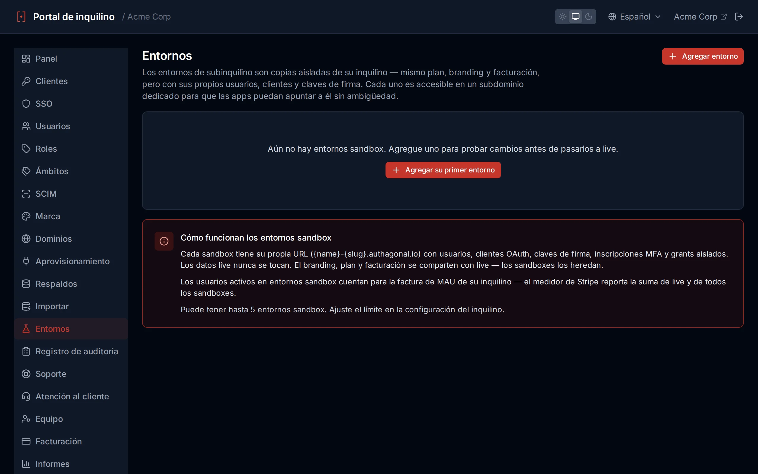Sandbox settings showing enable/disable toggle, refresh from live button, and sandbox URL display