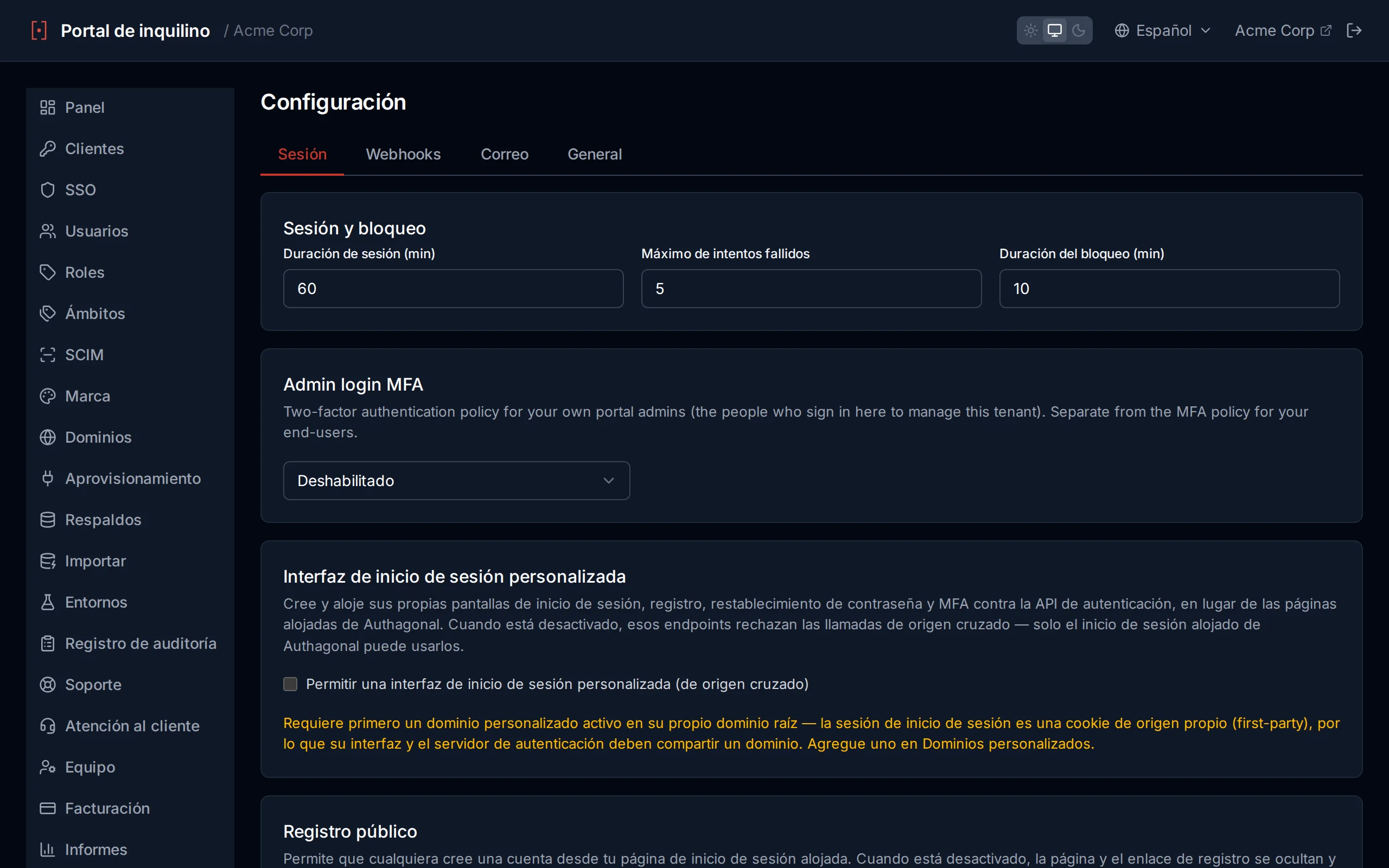 Session and lockout settings with numeric inputs for session lifetime, max failed attempts, and lockout duration