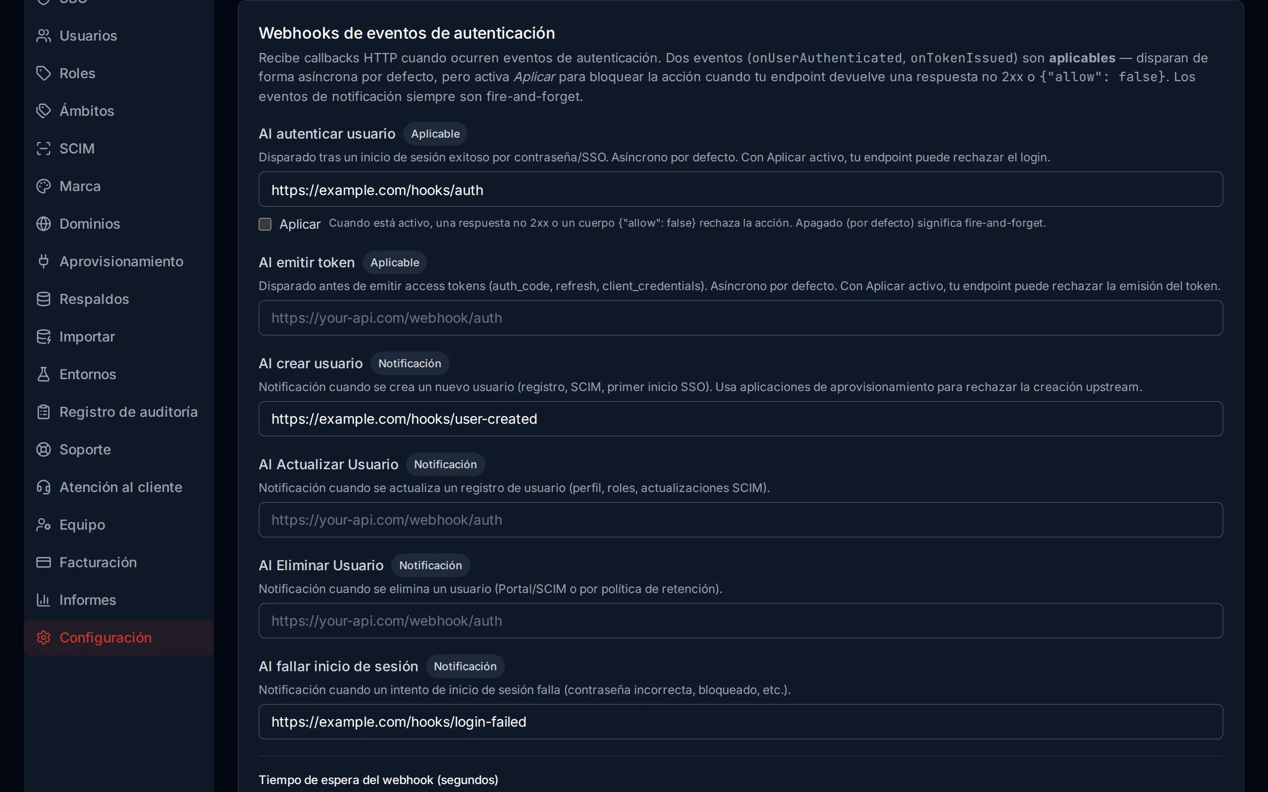 Webhook configuration section showing URL inputs for each event type, timeout slider, and fail-open toggle