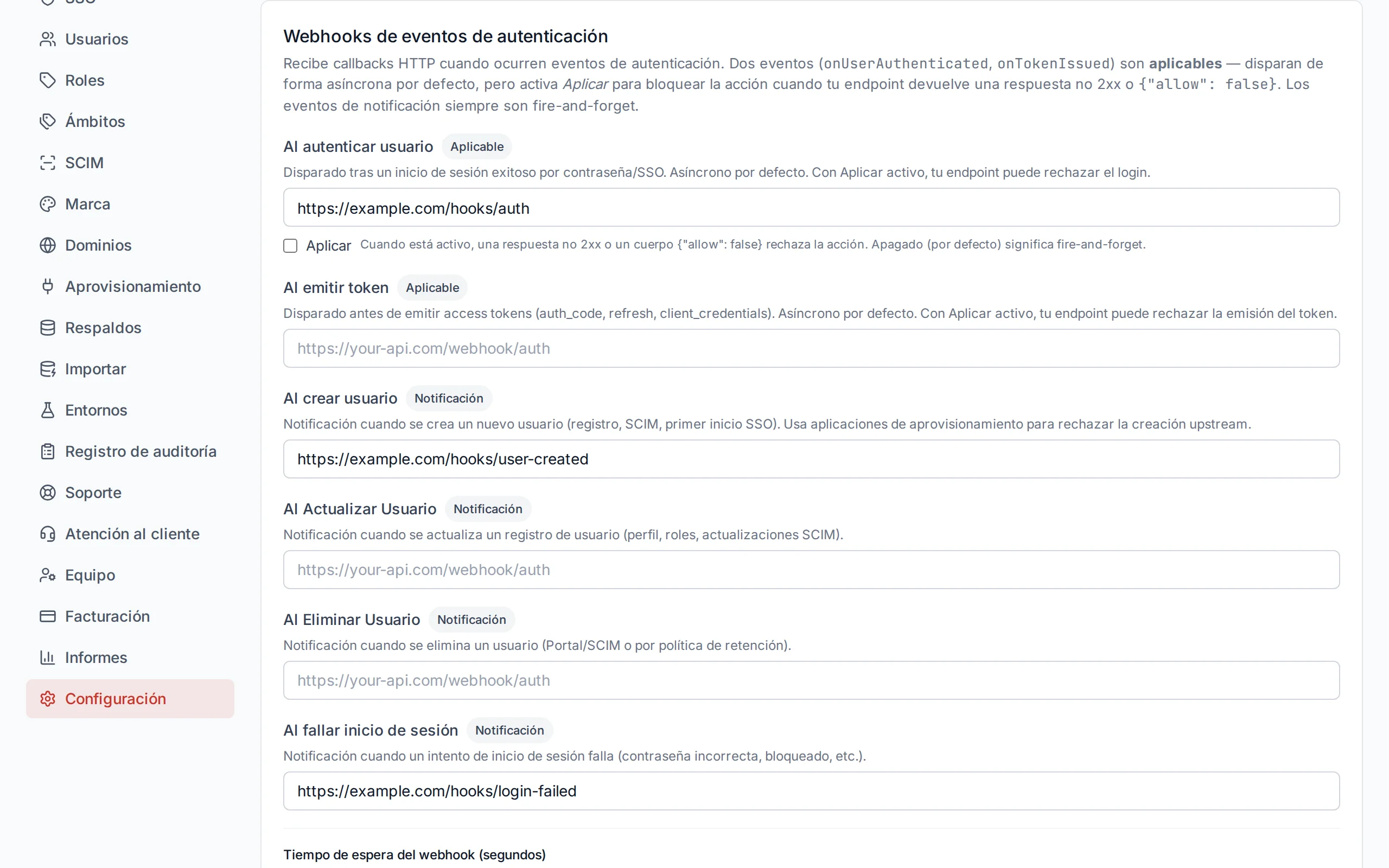 Webhook configuration section showing URL inputs for each event type, timeout slider, and fail-open toggle