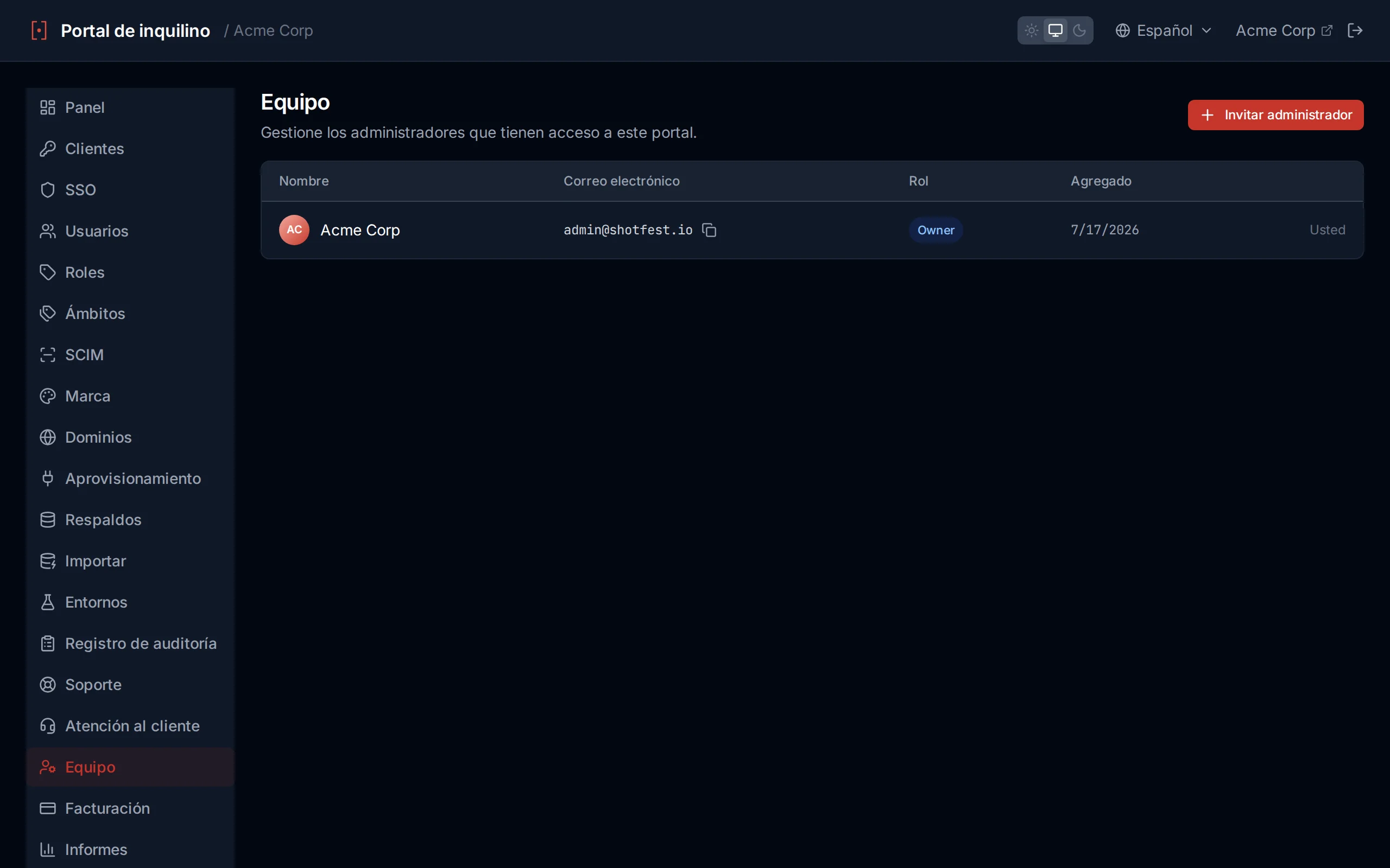 Team page showing the admin list with name, email, date added columns, a You indicator, and invite/remove controls