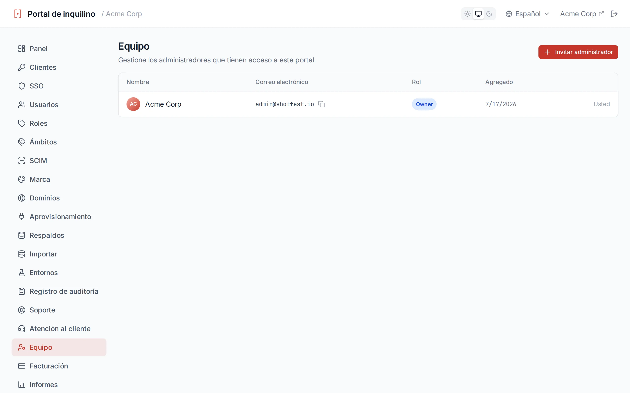 Team page showing the admin list with name, email, date added columns, a You indicator, and invite/remove controls